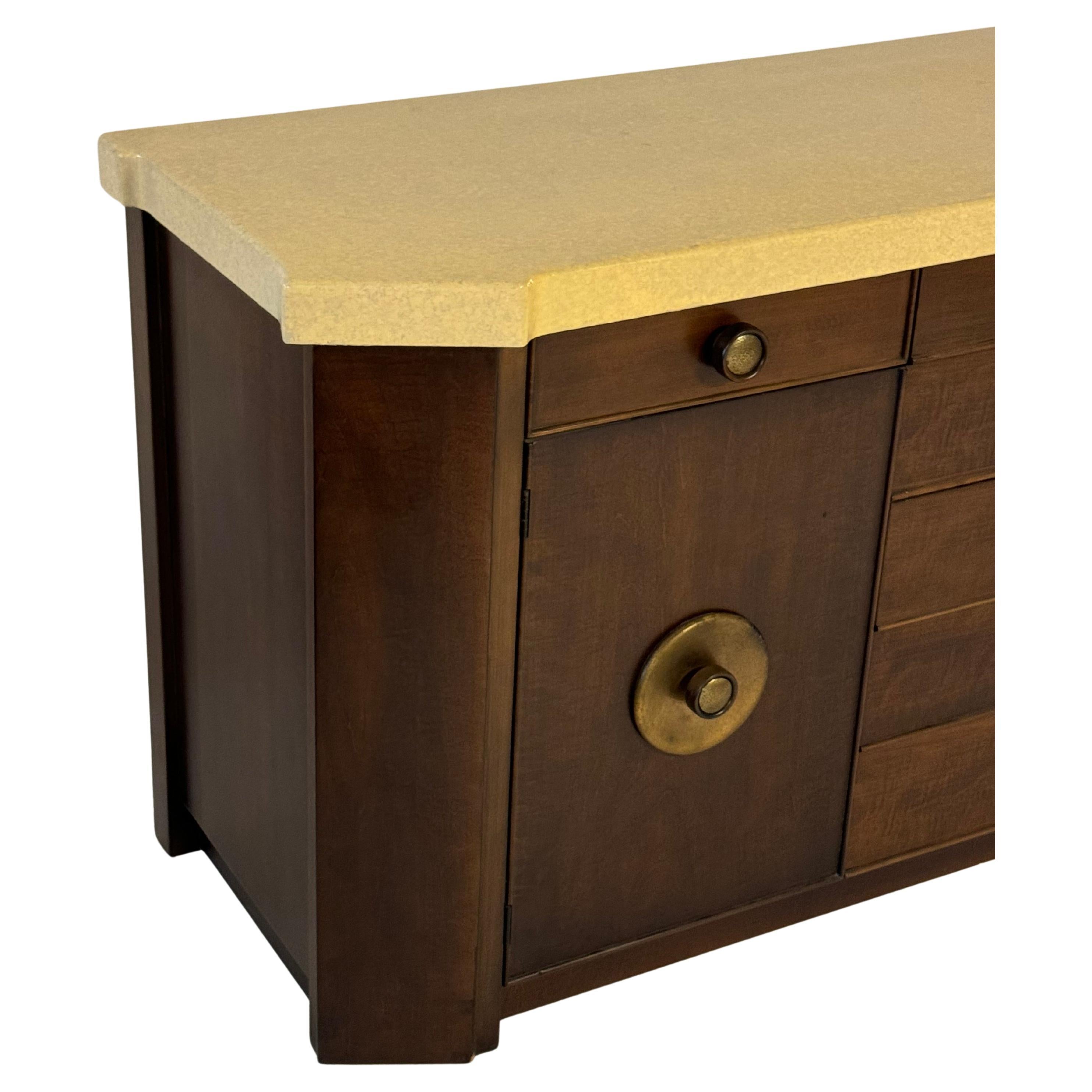 Paul Frankl MCM Debonaire Cork & Mahogany Sideboard with Hammered Brass Knobs For Sale 6