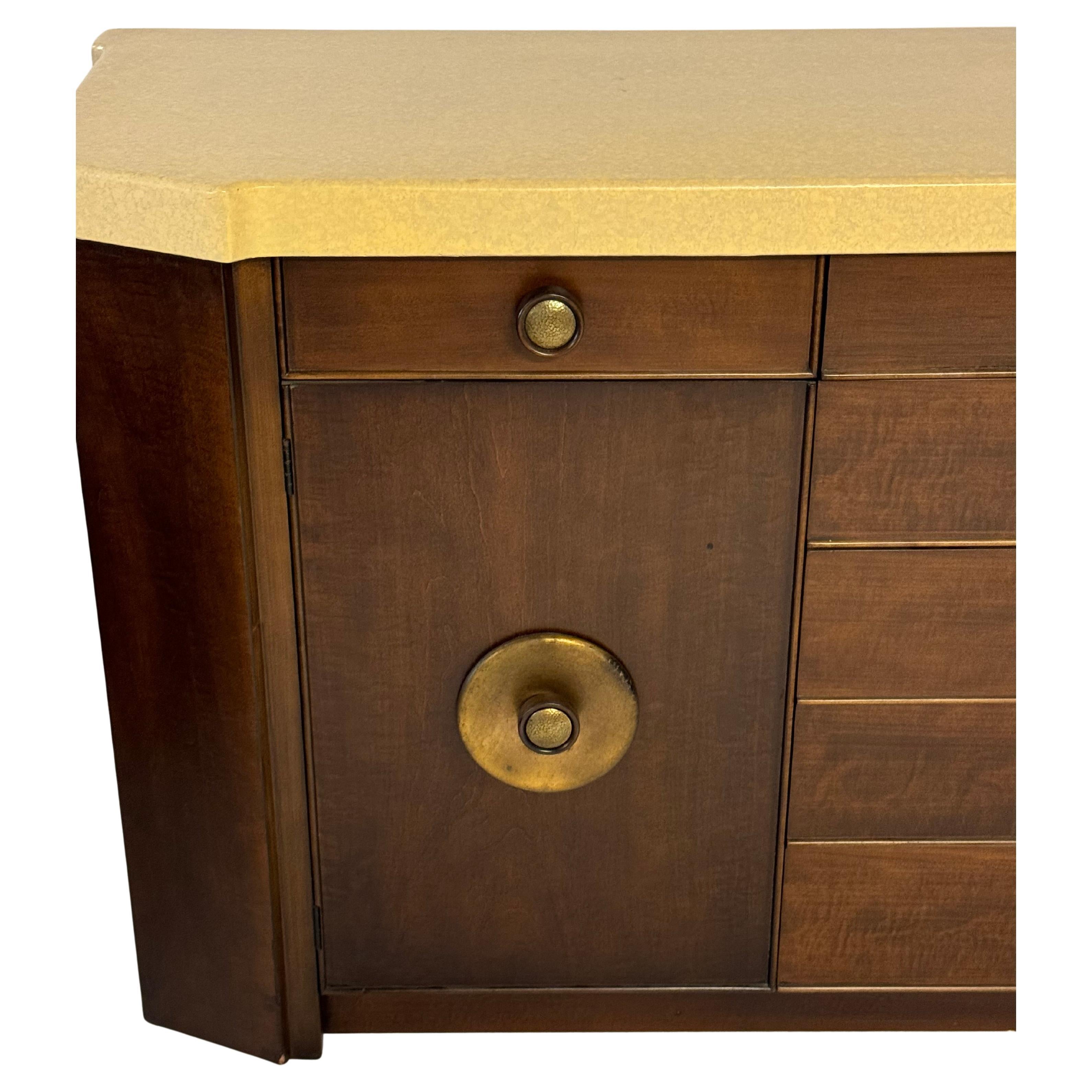 Mid-Century Modern Paul Frankl MCM Debonaire Cork & Mahogany Sideboard with Hammered Brass Knobs For Sale