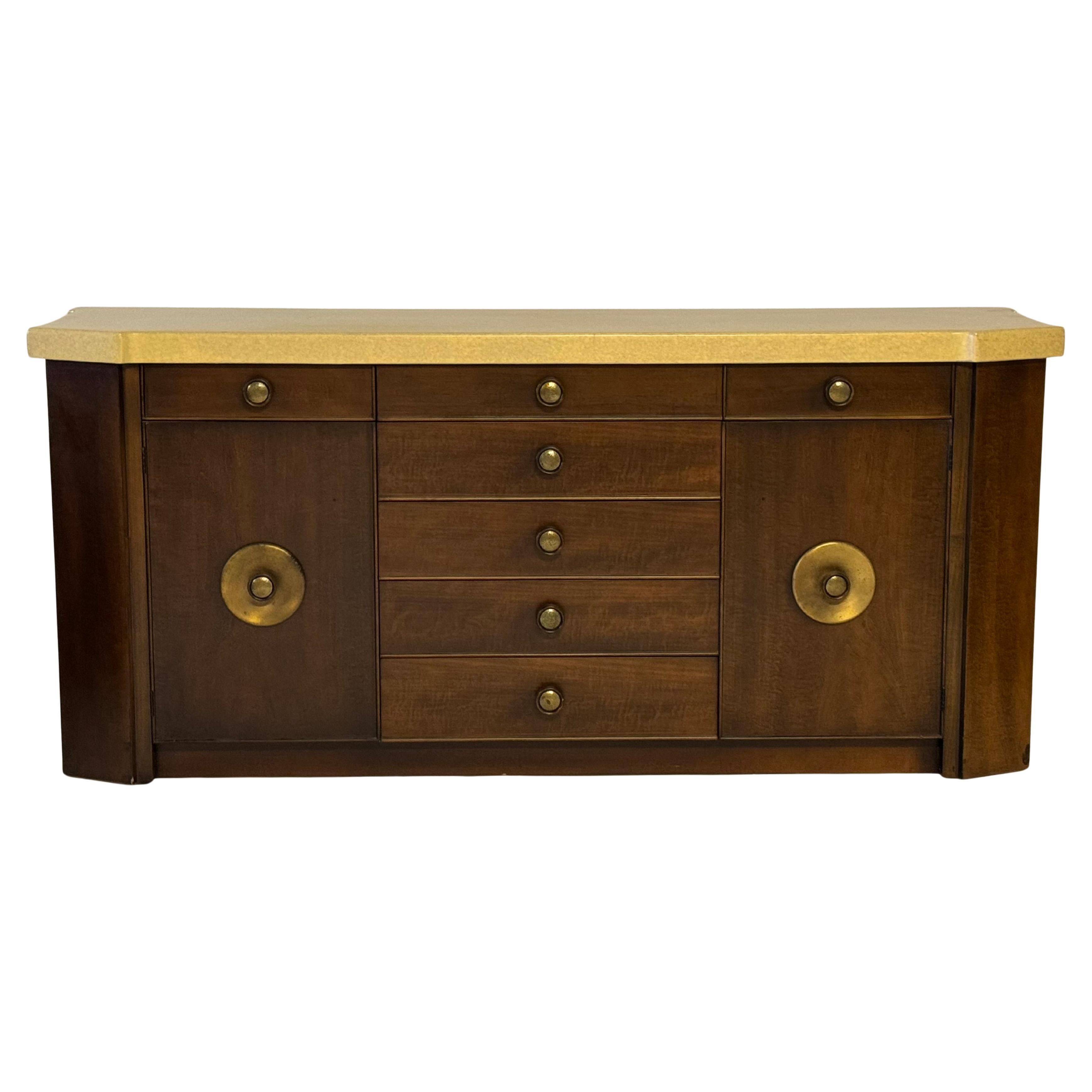 Paul Frankl MCM Debonaire Cork & Mahogany Sideboard with Hammered Brass Knobs For Sale 2