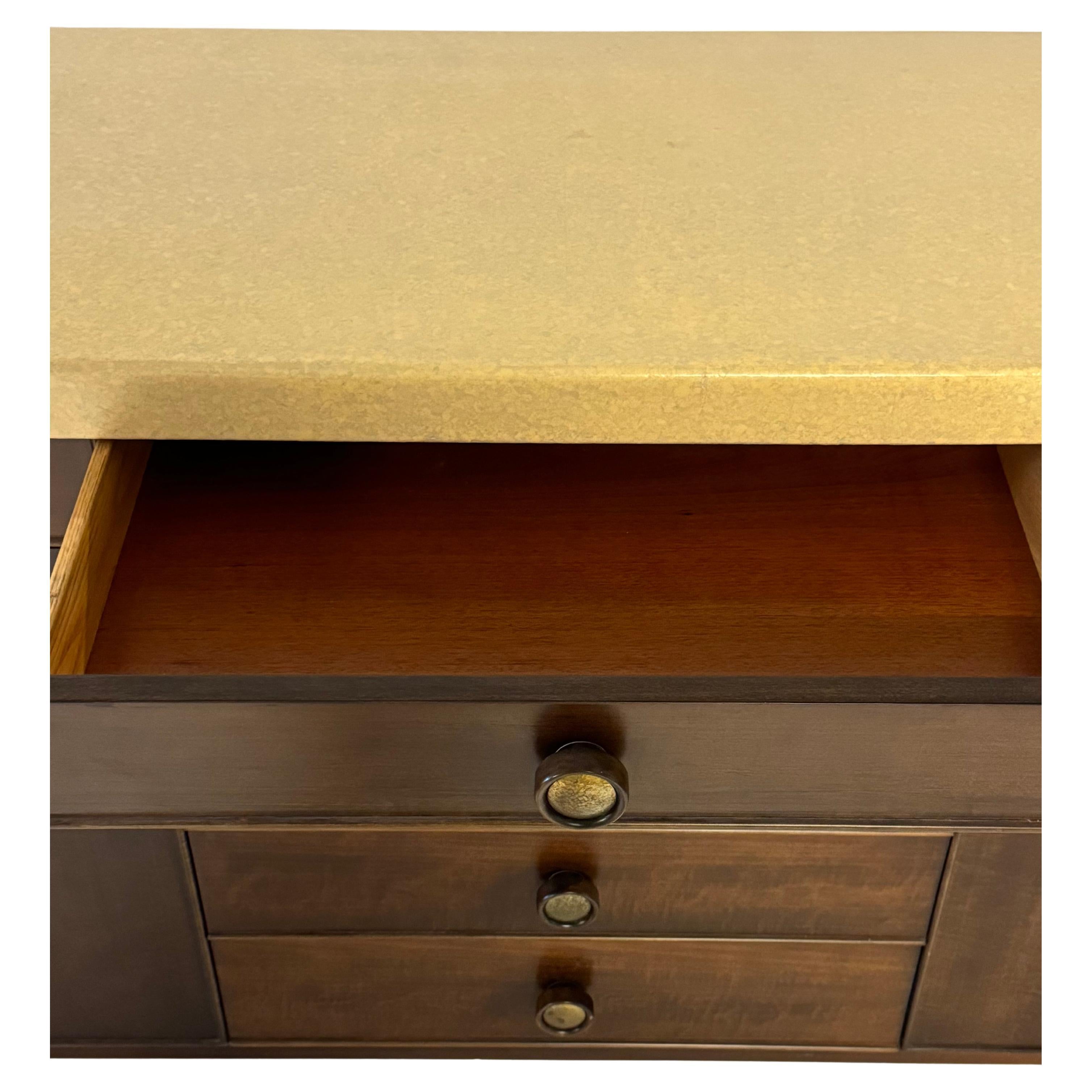 Paul Frankl MCM Debonaire Cork & Mahogany Sideboard with Hammered Brass Knobs For Sale 3