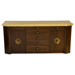 Paul Frankl MCM Debonaire, credenza in sughero e mogano con pomelli in ottone martellato