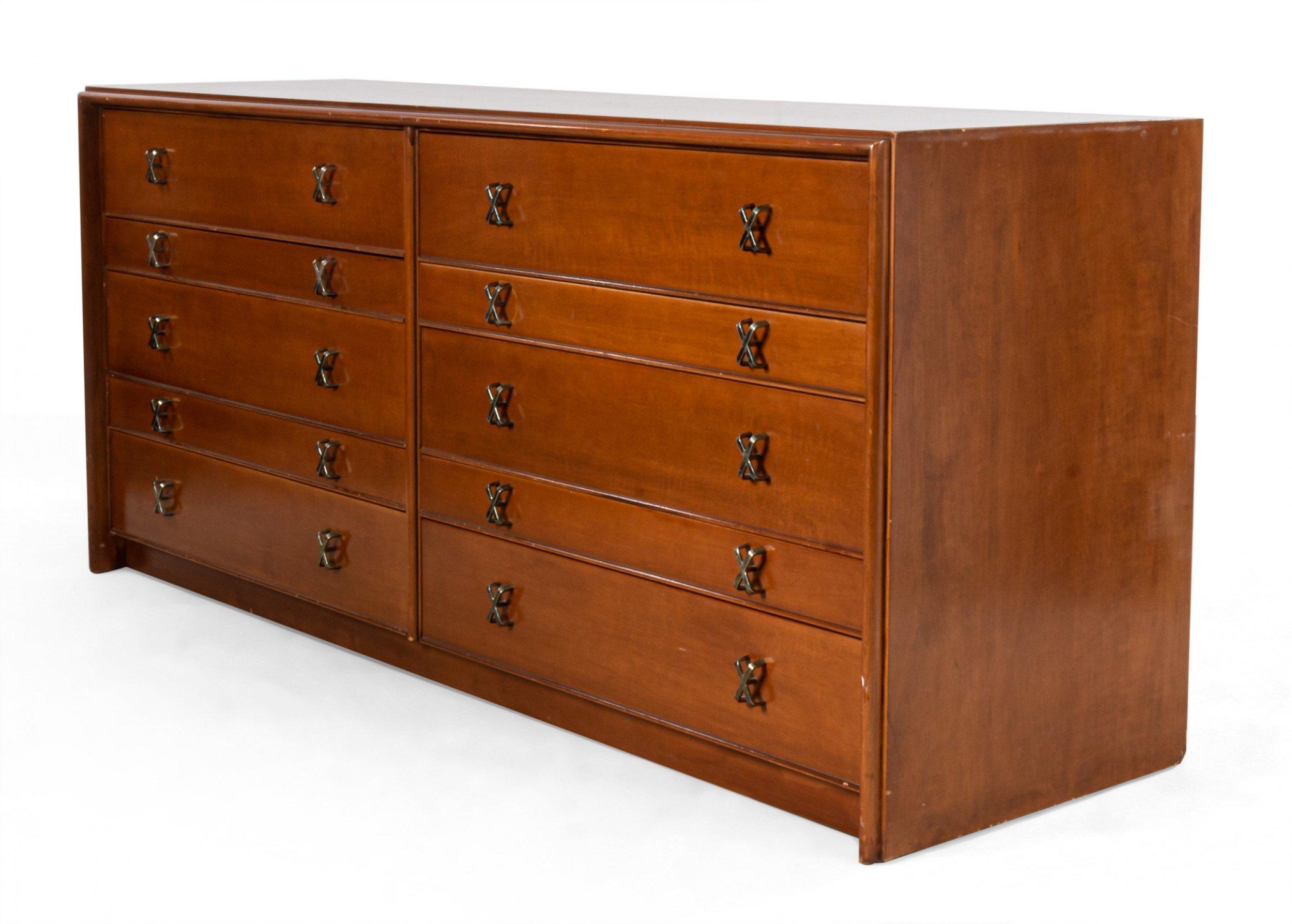 Paul Frankl midcentury double dresser with ten drawers with X-shaped metal drawer pulls.