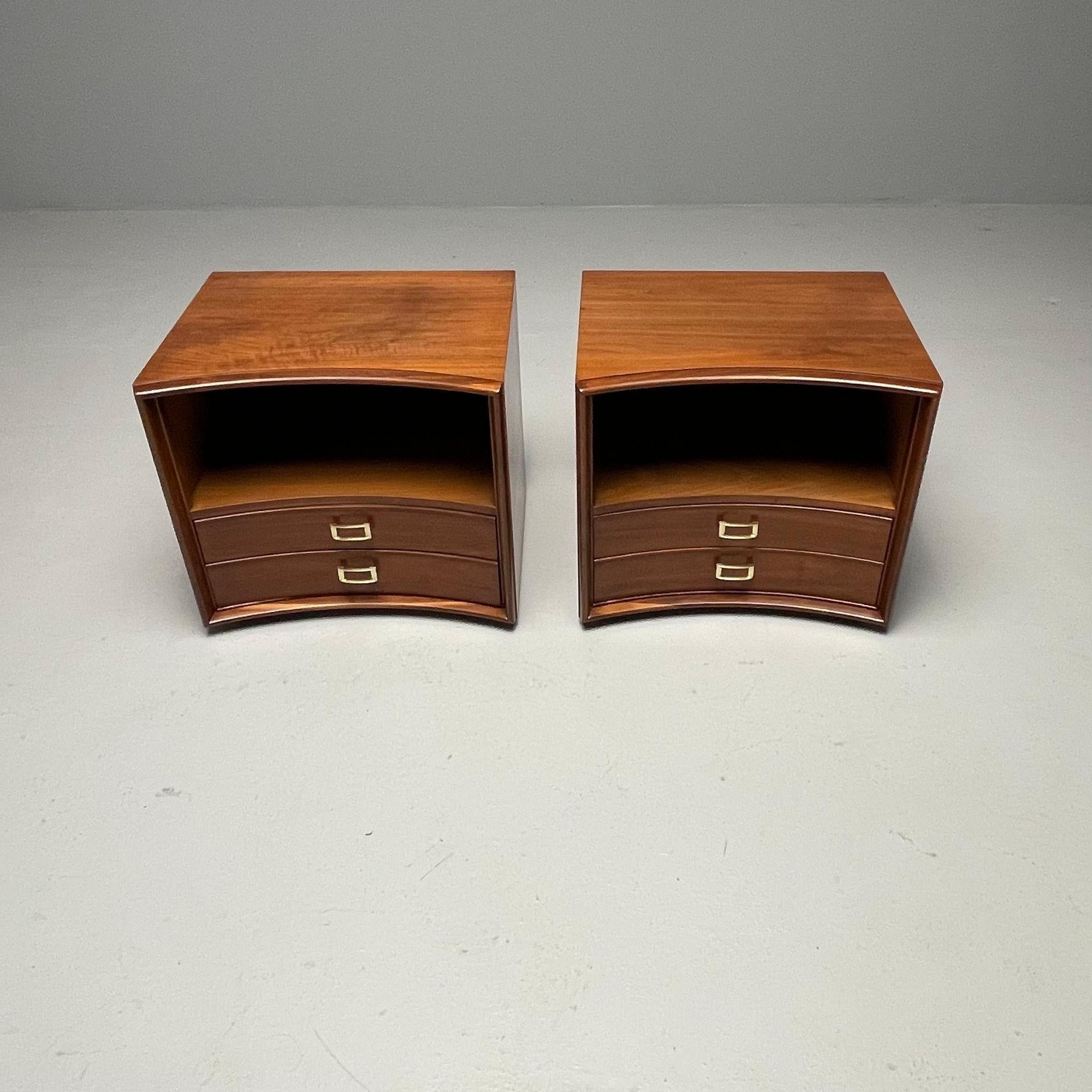 American Paul Frankl, Mid-Century Modern, Concave Nightstands, Walnut, Brass, USA 1950s For Sale