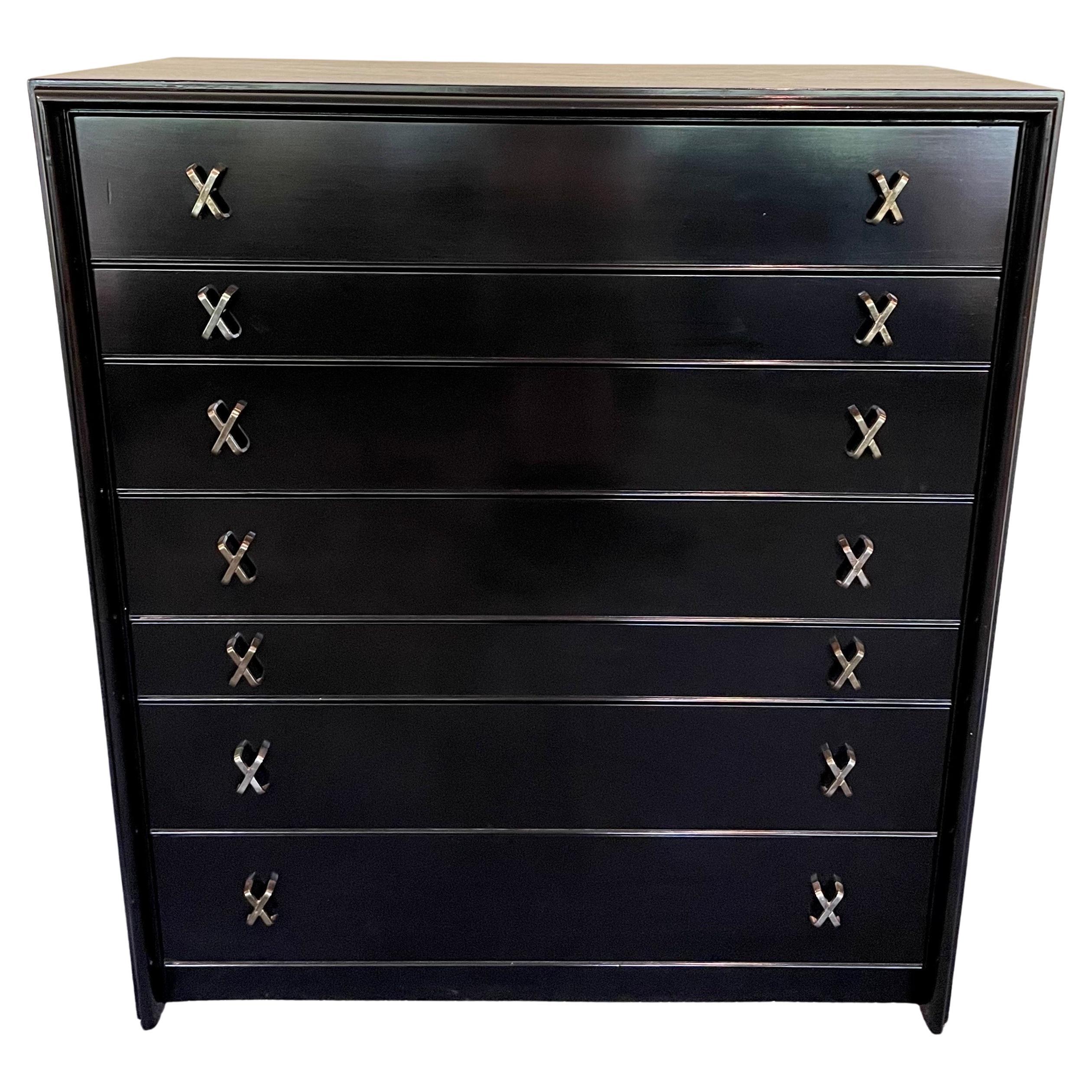 Paul Frankl, comò Highboy moderno di metà secolo, laccato nero in noce