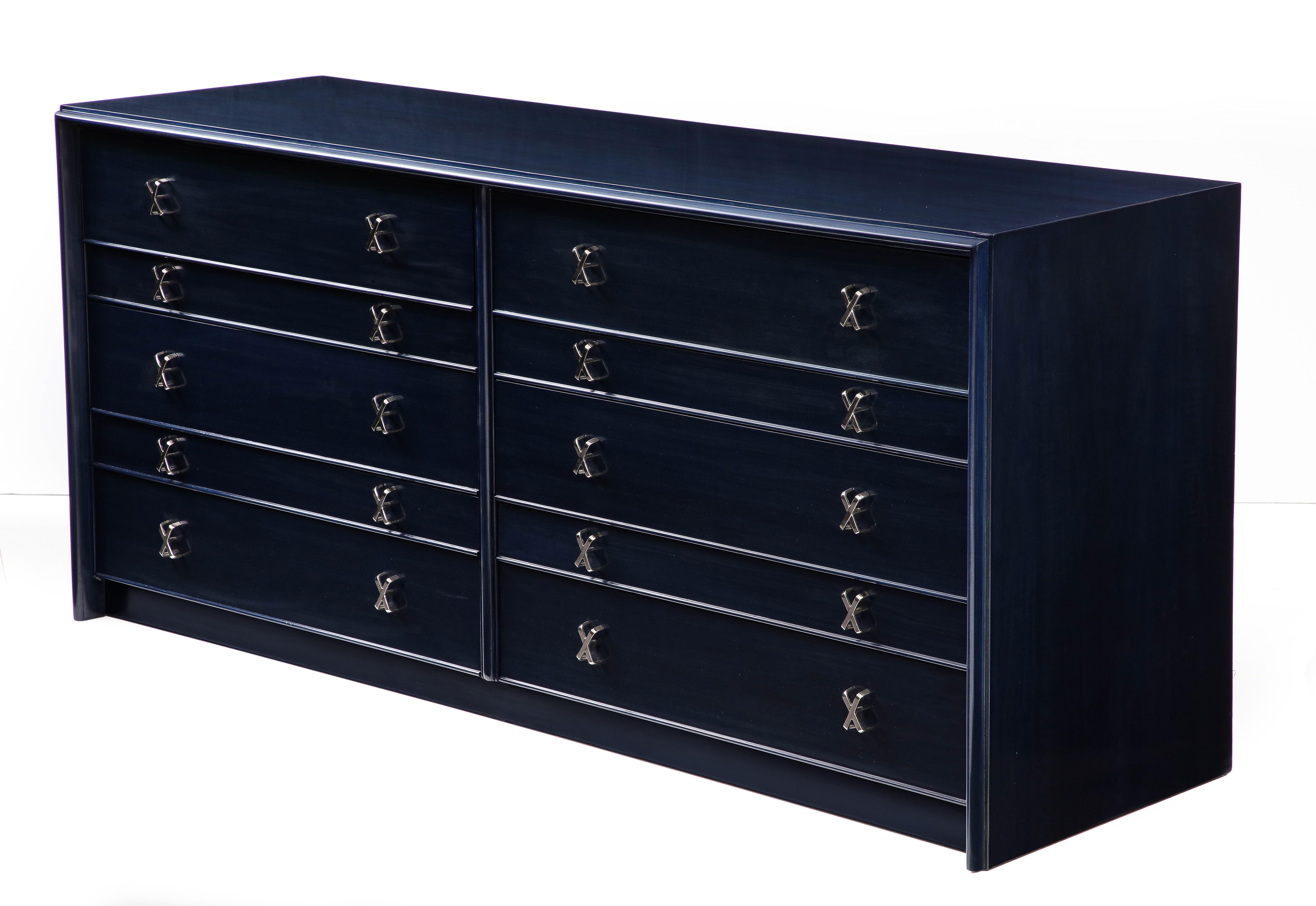 Mid-Century Modern custom stained dresser featuring a midnight/sapphire blue stain. Drawers retain the original 