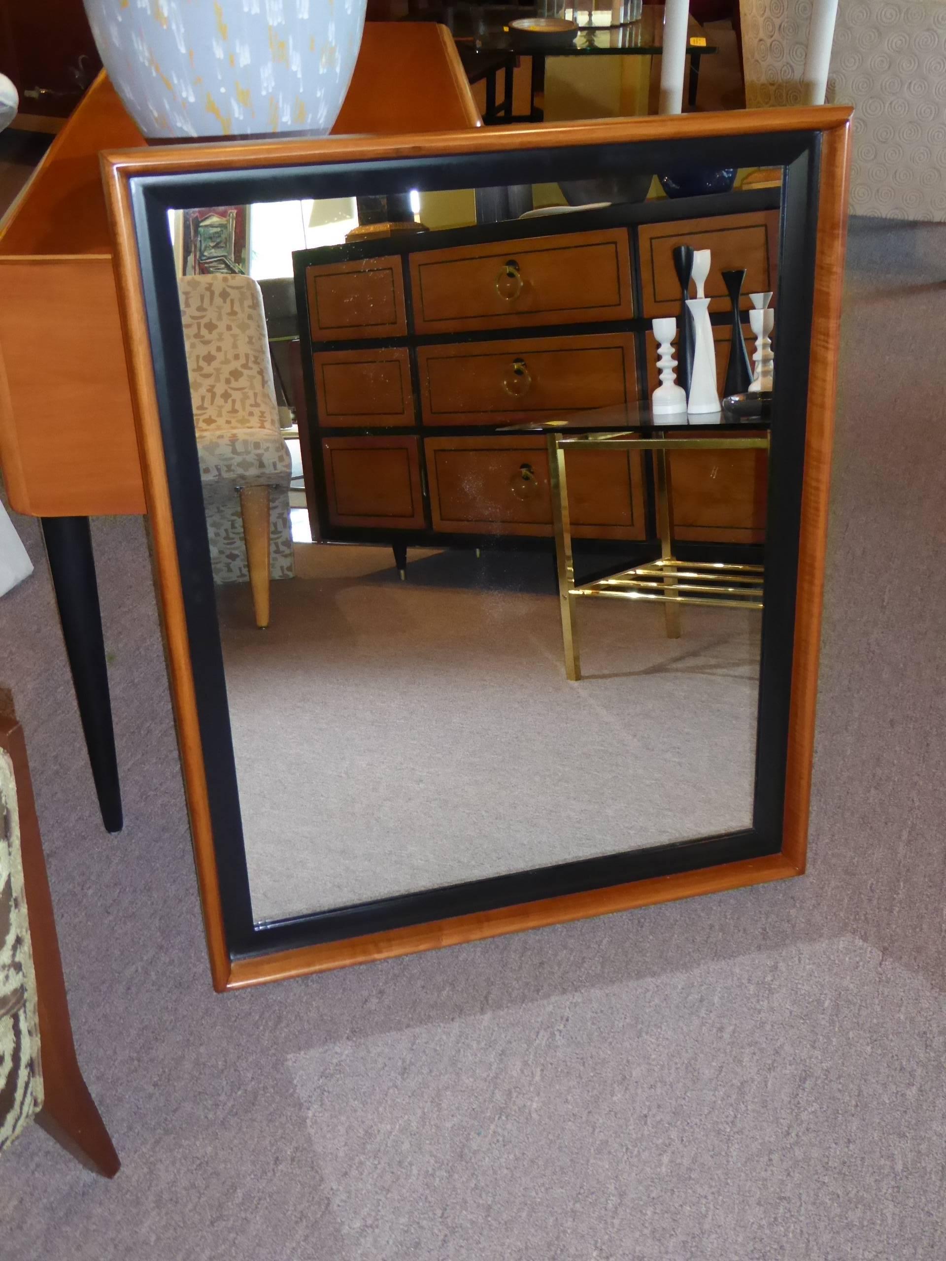 Mid-Century Modern Paul Frankl Modern Mirror for Johnson Furniture, Blond Cherry and Black Lacquer.