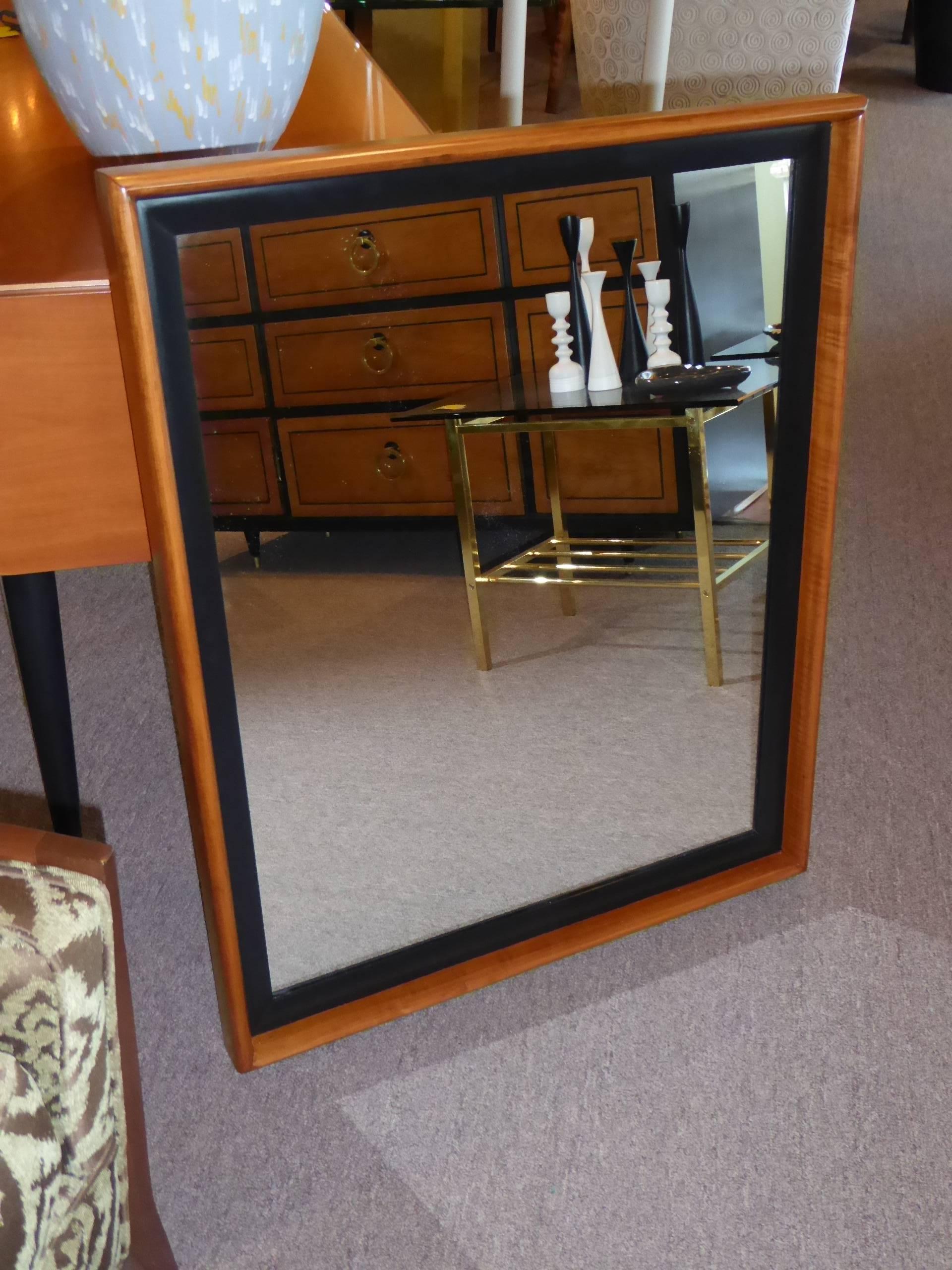 Paul Frankl Modern Mirror for Johnson Furniture, Blond Cherry and Black Lacquer. 1