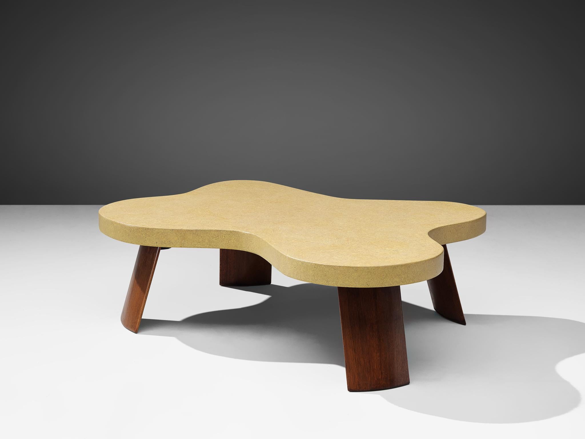Paul Frankl for Johnson Furniture, coffee table 'No 5005', lacquered cork, mahogany, USA, 1950s.

This biomorphic shaped coffee table designed by Paul Frankl has a cork laminated tabletop. The bright tone of the cloud-like designed shape forms a