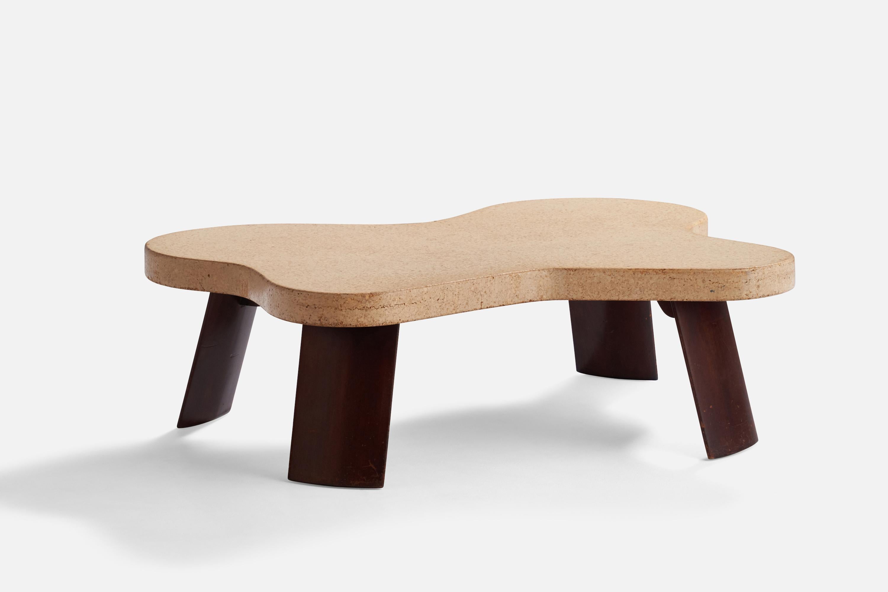 Table basse organique en acajou et liège laqué, conçue par Paul Frankl et produite par Johnson Furniture Company, États-Unis, années 1950.