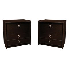 Paul Frankl Pair of Dark Walnut Bedside Tables with X Pulls, 1950s