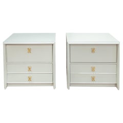 Paul Frankl Pair of Lacquered Bedside Tables with Brass Pulls 1950s, 'Signed'
