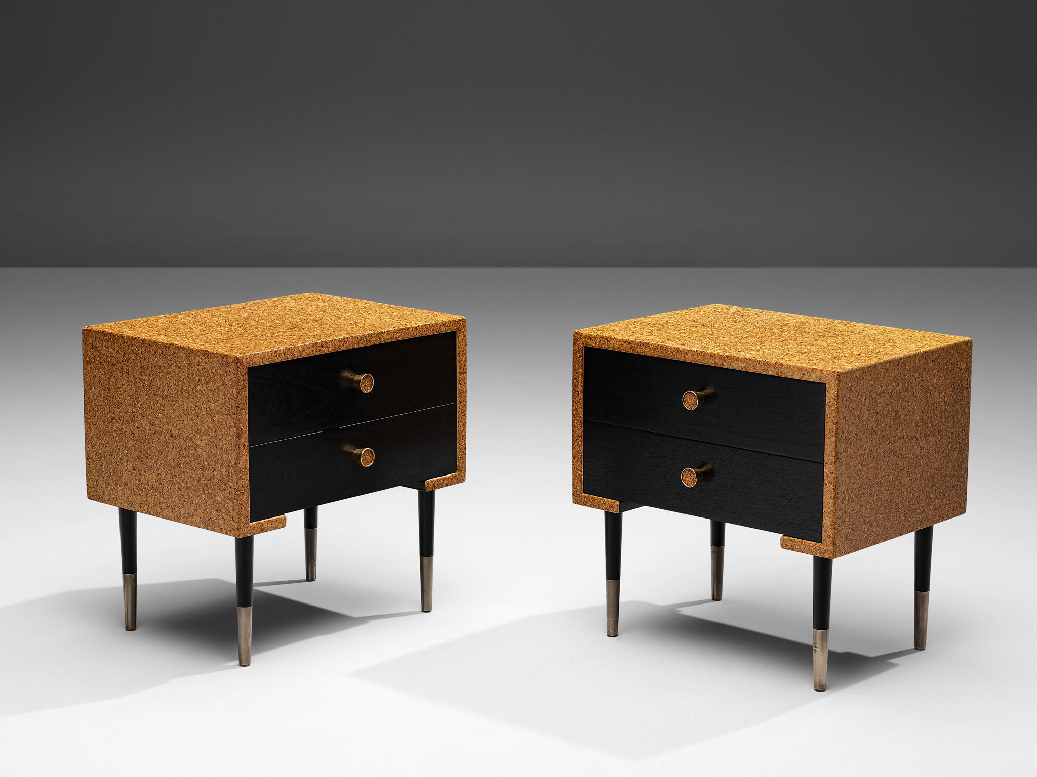 Paul Frankl for Johnson Furniture, pair of nightstands, cork, wood, metal, brass, United States, 1950s

This pair of nightstands was designed by Paul Frankl in the 1950s. The cubic shape of the top with two drawers rests on tapered metal legs with