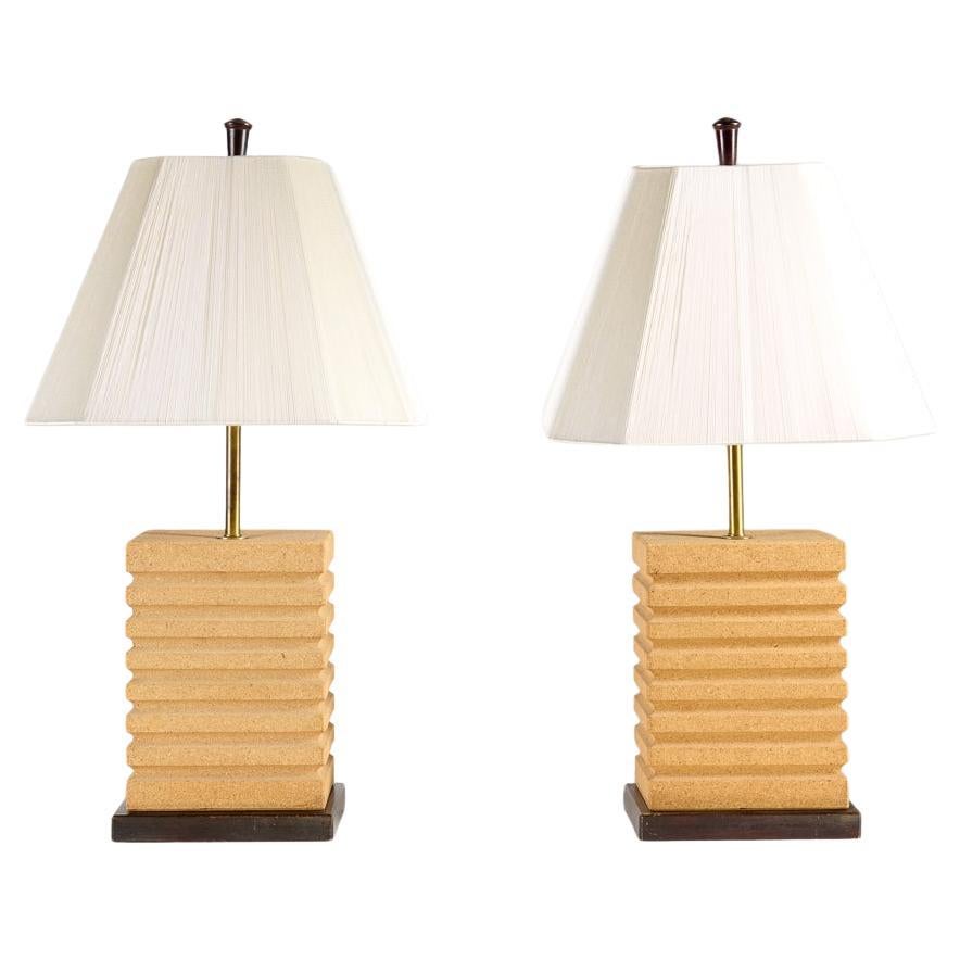 Paul Frankl, Pair of Ridged Cork Table Lamps, United States, C. 1950 For Sale