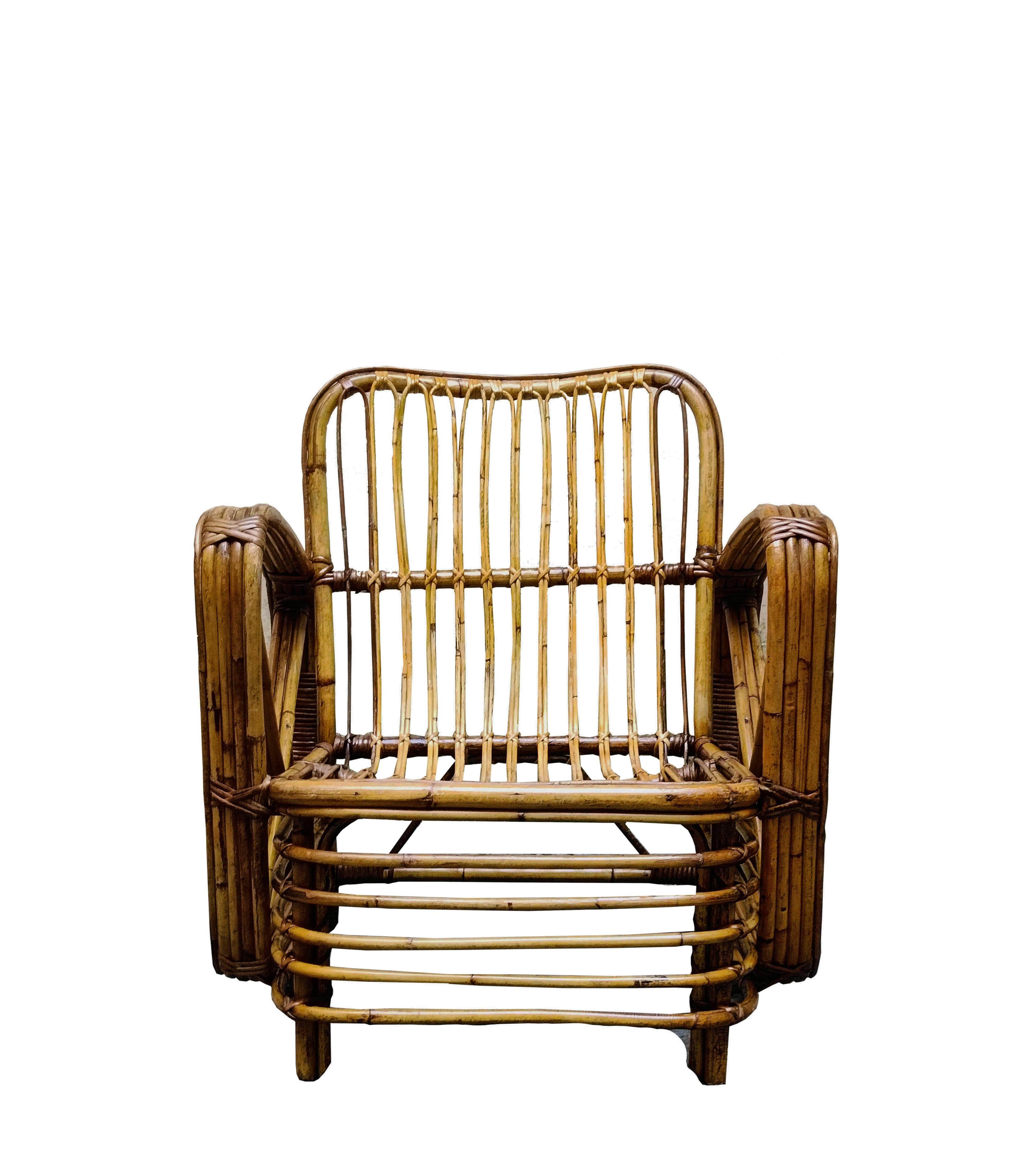 Sillón de bambú y ratán de Paul Frankl, años 60
Paul Theodore Frankl (1887-1958), nacido en Viena en 1887, fue, junto con su amigo Joseph Urban, uno de los primeros diseñadores modernistas que trabajaron en Estados Unidos antes de 1925, sentando las