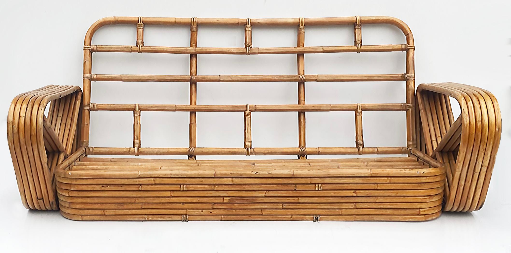 Mid-20th Century Paul Frankl Pretzel Six Strand 3-Seat Rattan Bamboo Sofa For Sale