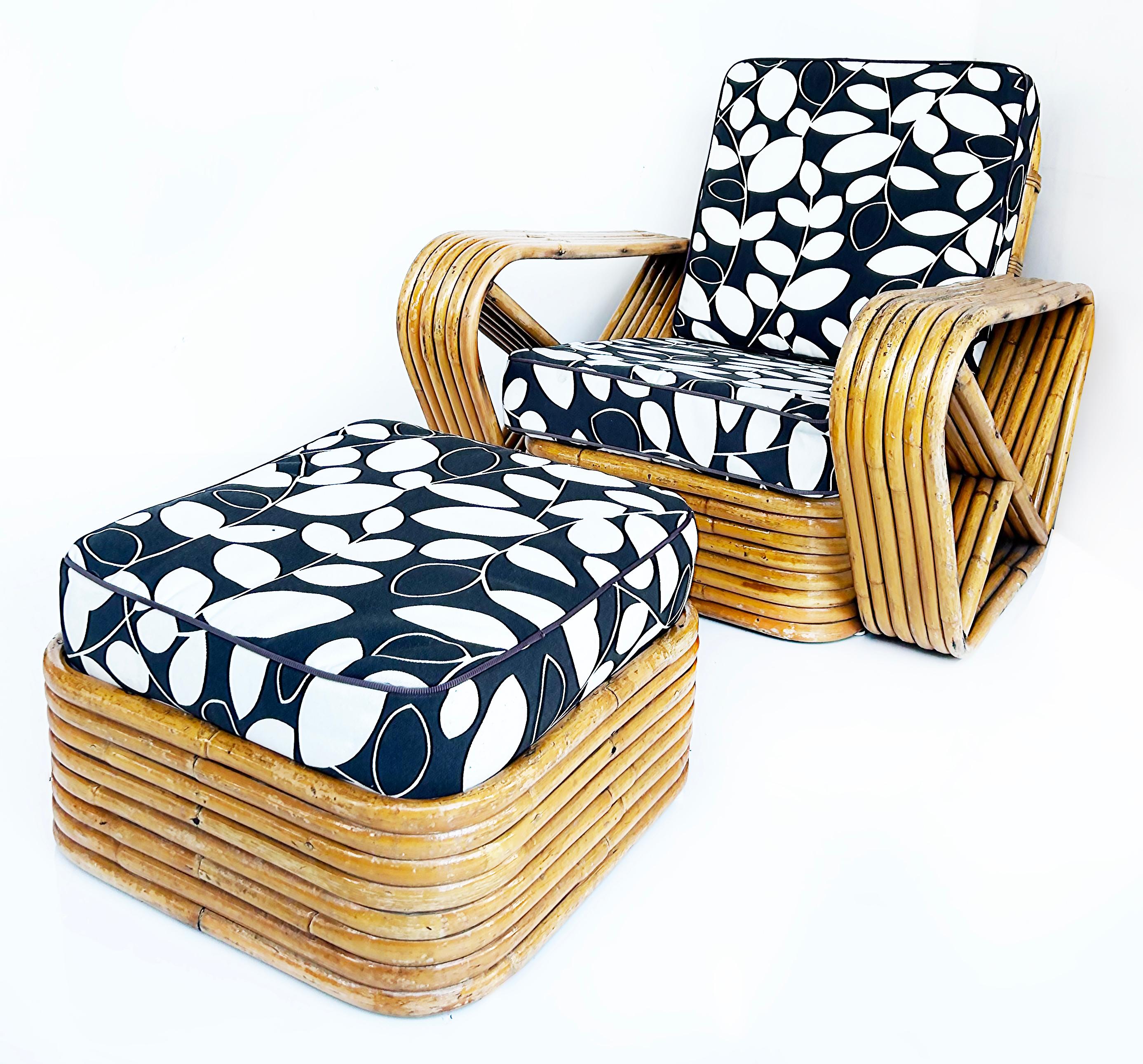 Mid-Century Modern Paul Frankl Pretzel Six Strand Club Chairs with Ottomans, Set of 4 For Sale
