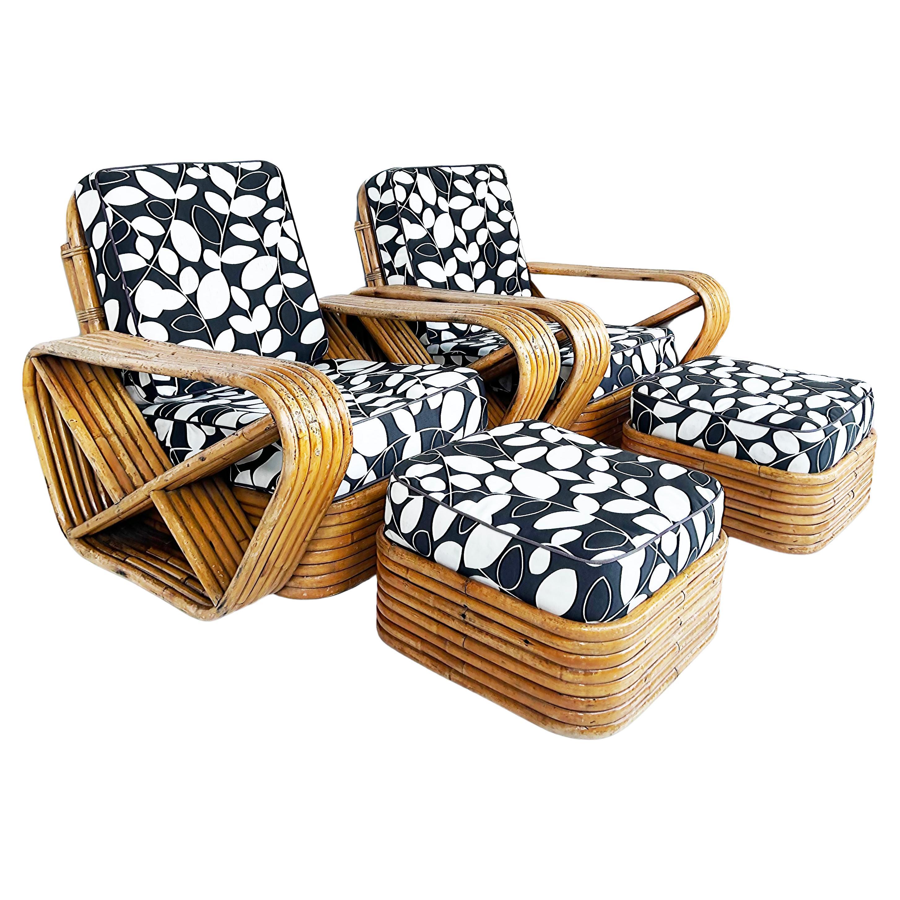 Paul Frankl Pretzel Six Strand Club Chairs with Ottomans, Set of 4 For Sale