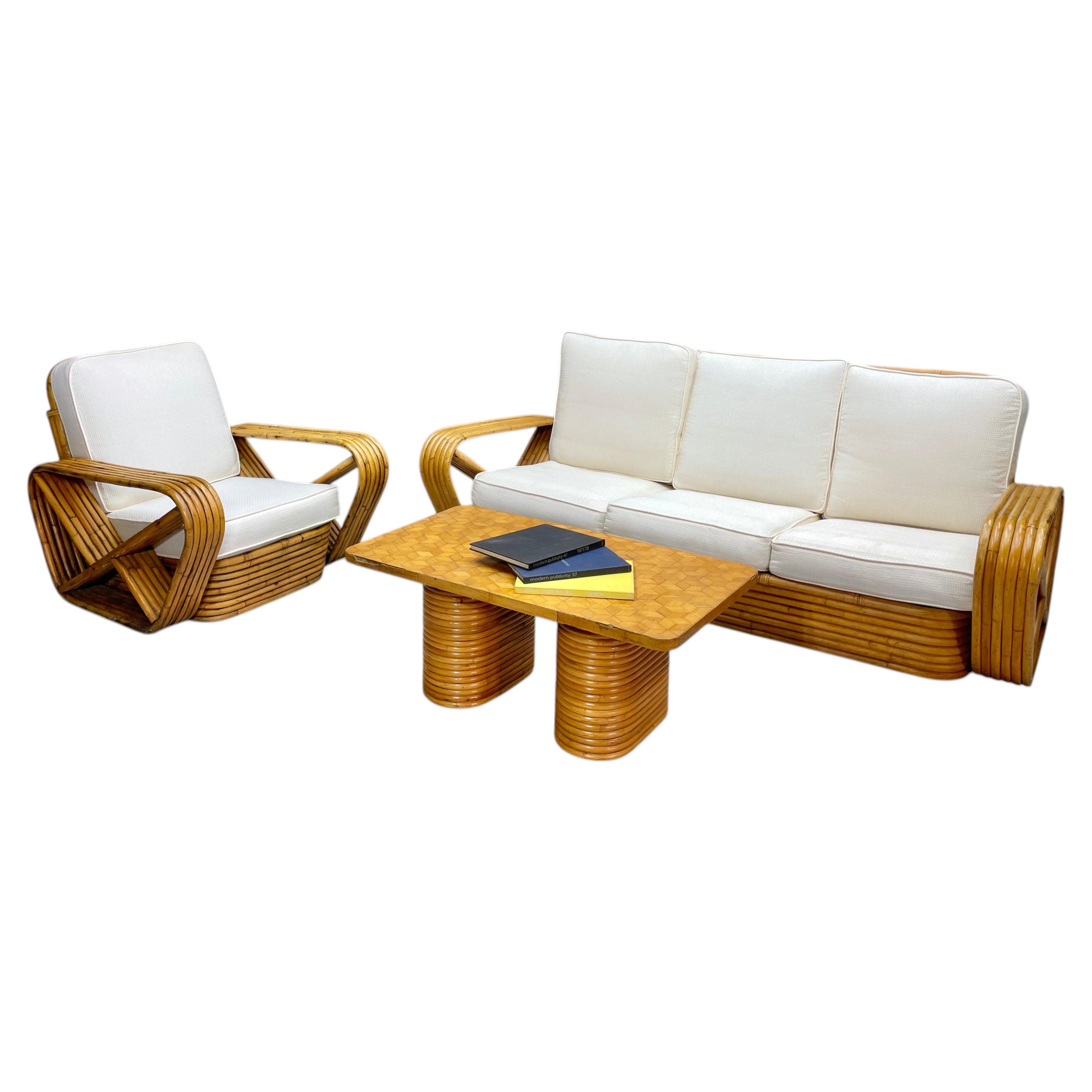 Paul Frankl Pretzel Sunroom Ratán Seis Strand Sofá de 3 plazas Sillón Mesa de centro