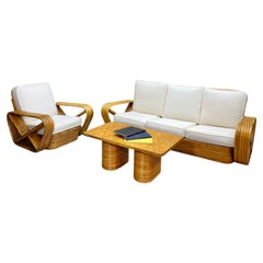 Paul Frankl Pretzel Sunroom Rattan Six Strand 3-Seat Sofa Armchair Coffee Table