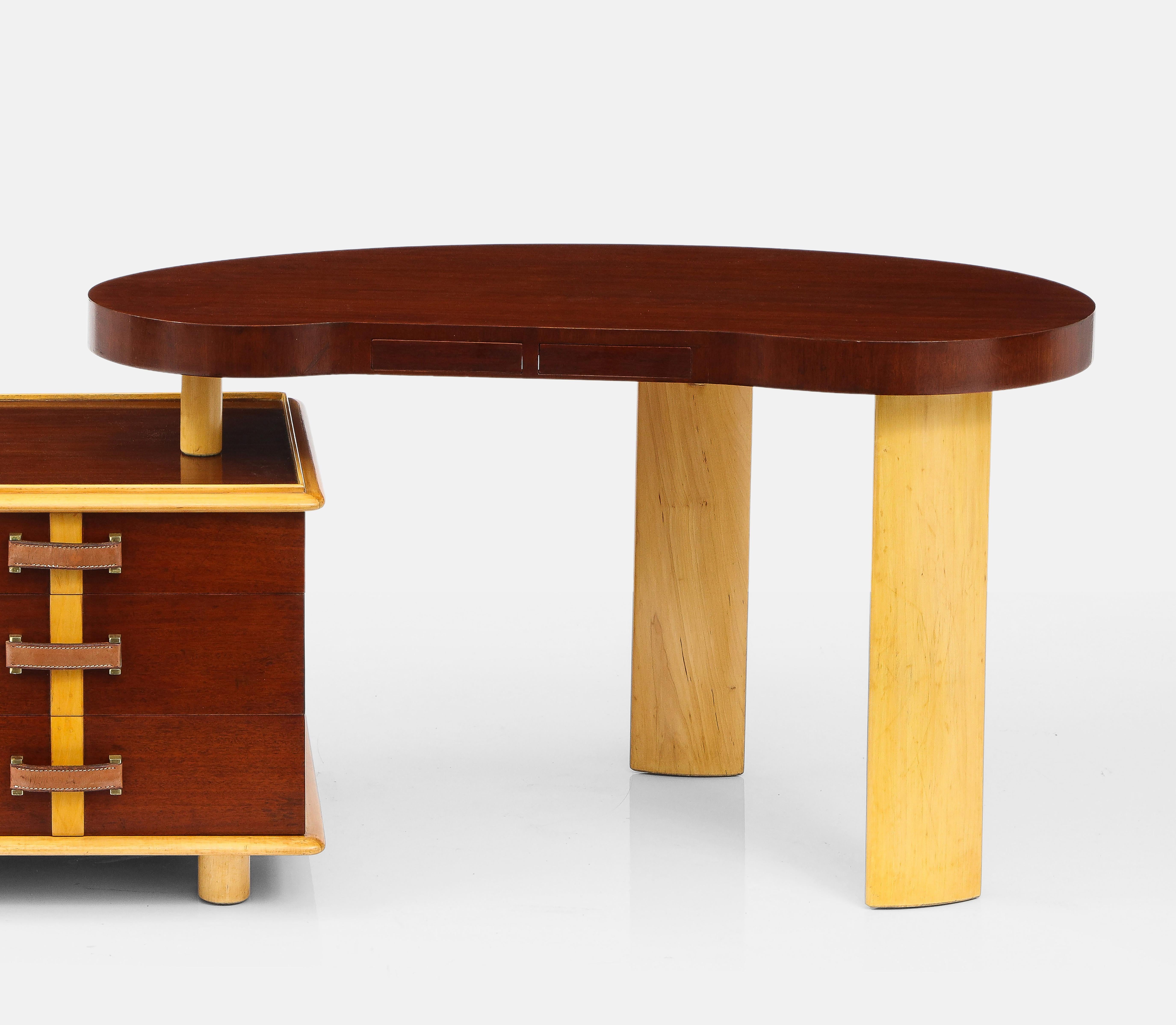 Paul Frankl Rare Kidney Desk in Mahogany, Birch, Leather and Brass, USA, 1950s 2