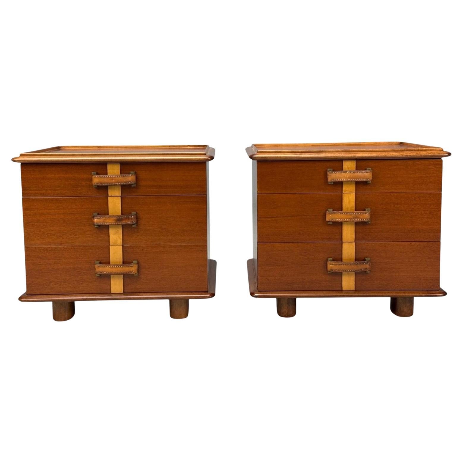 Paul Frankl, Rare Nightstands, Mahogany, Rock Maple, Brass, Leather, USA, 1950s