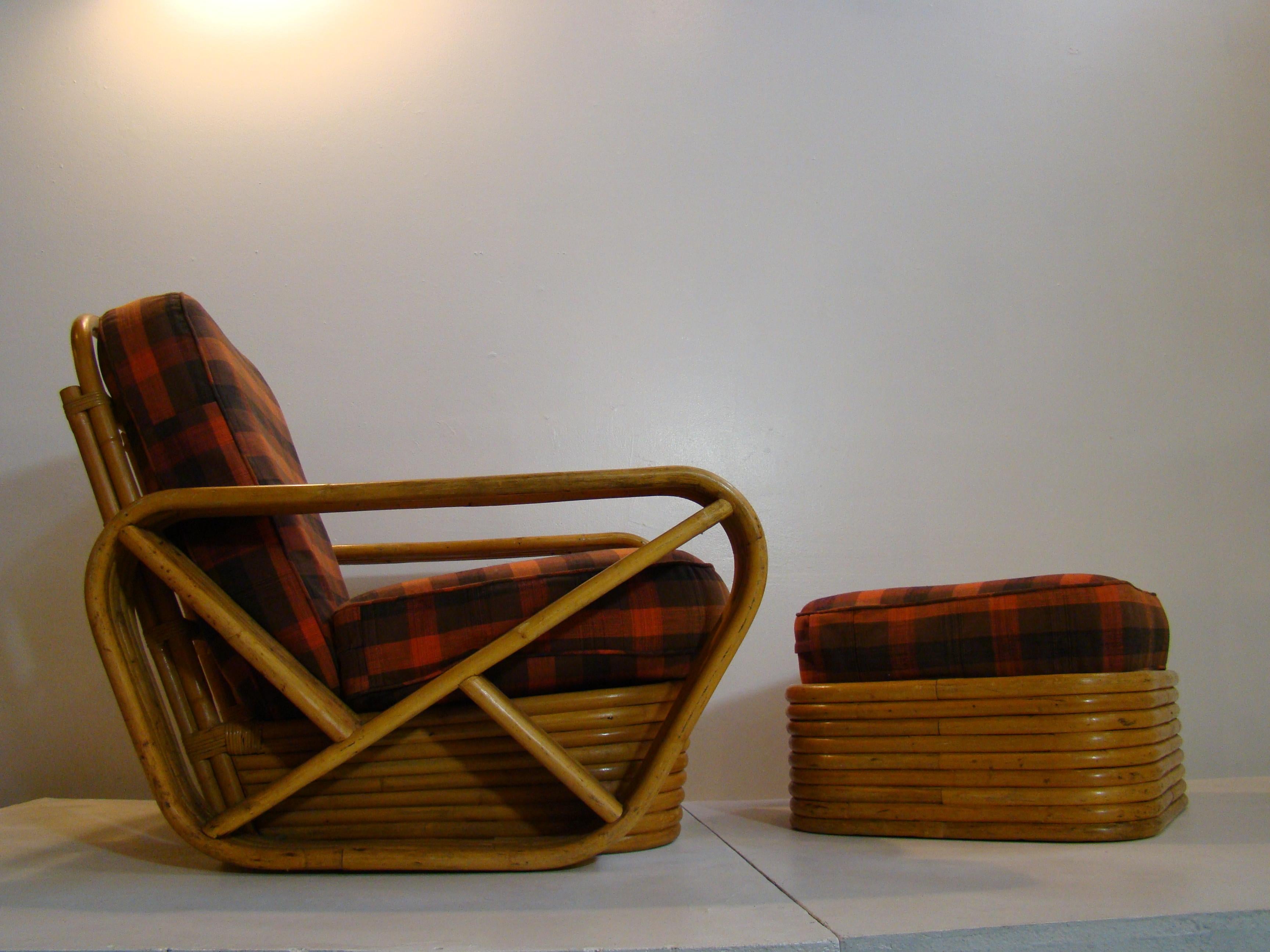 Very nice, original 6-band rattan lounge chair with original spring cushions and original red 
