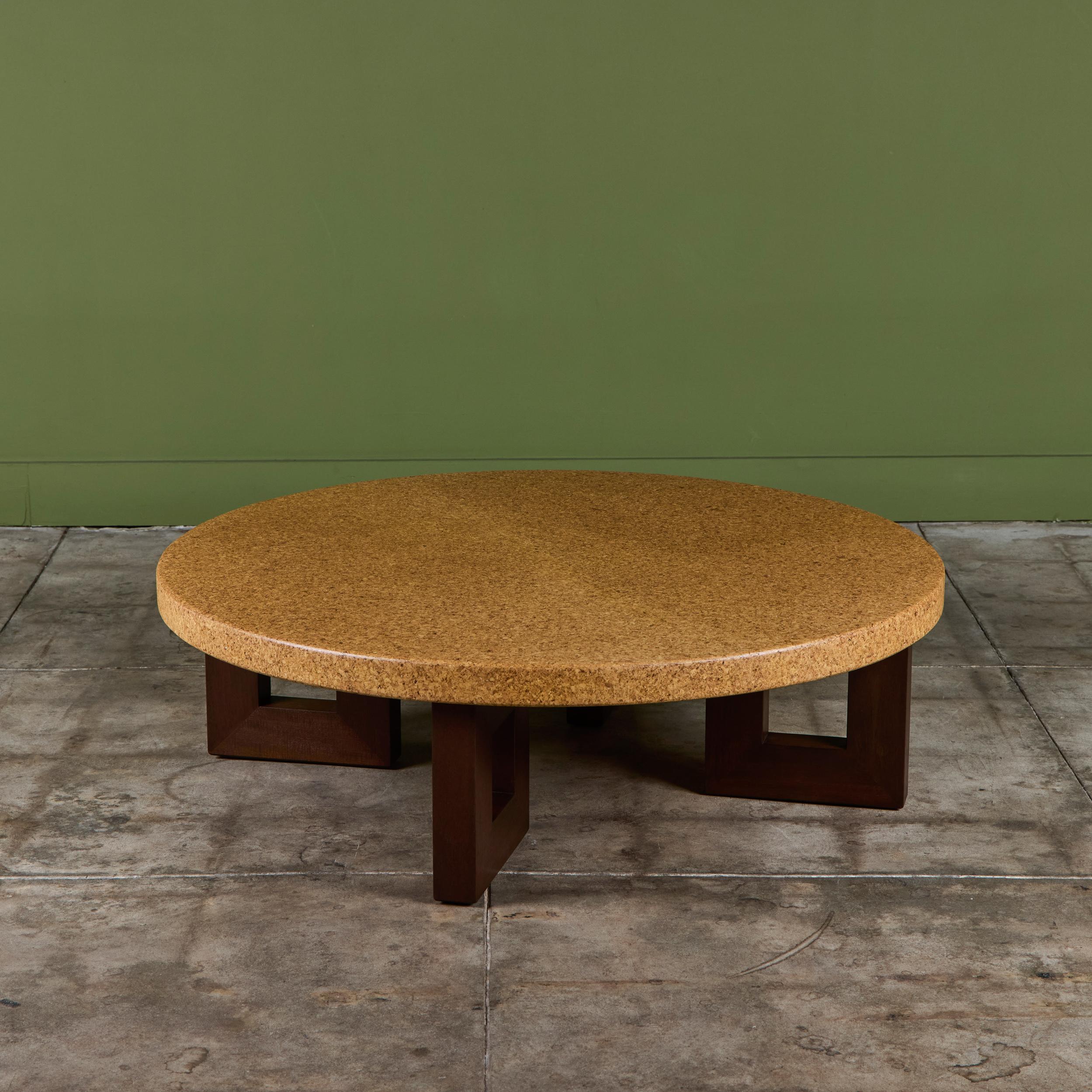 Mahogany Paul Frankl Round Cork Coffee Table for Johnson Furniture Co. For Sale