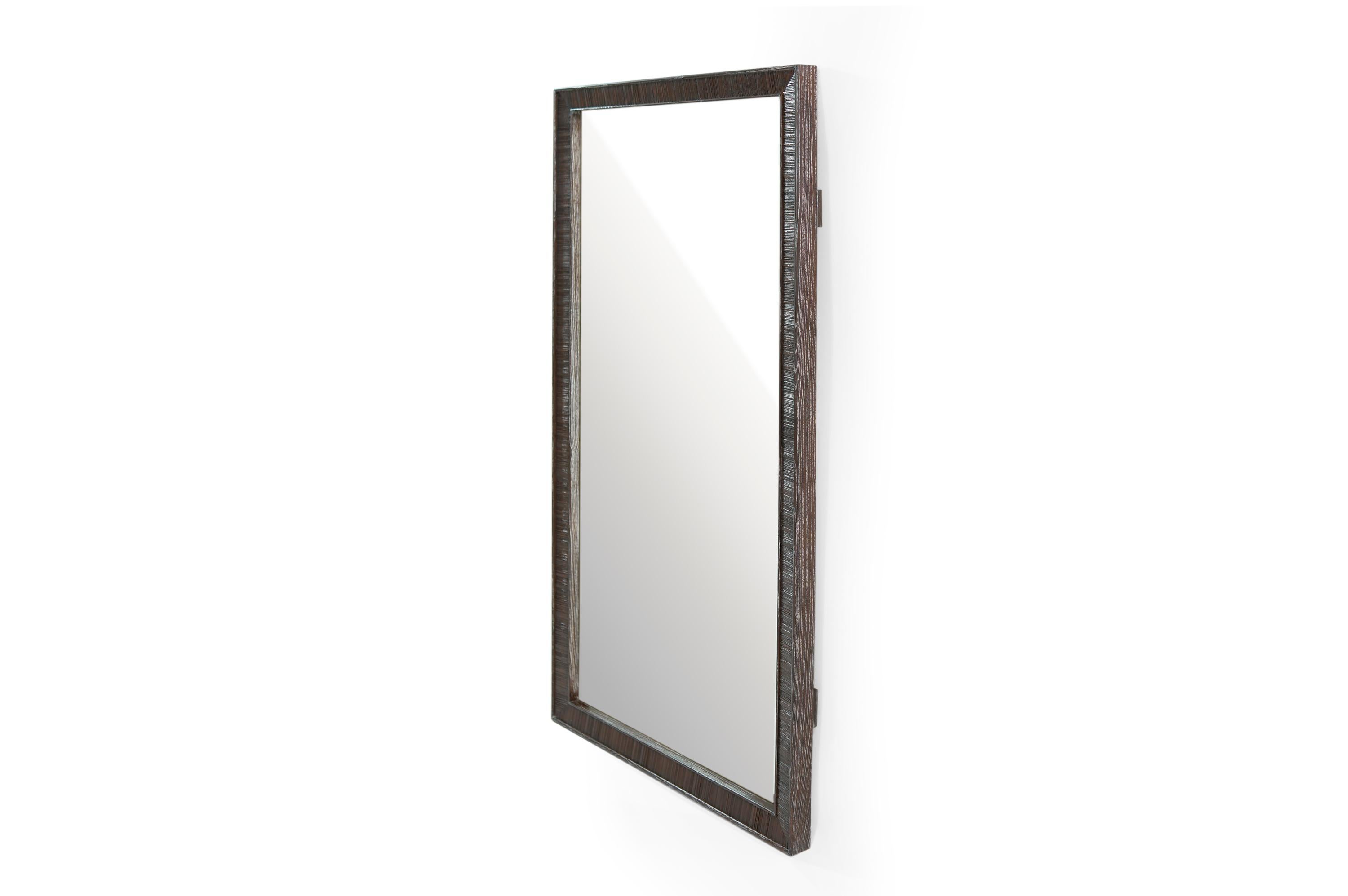 Soild oak frame rustic mirror done in ceruse. Designed by Paul Frankl, circa 1950s.
Could be hung vertically or horizontally. Original mirror in excellent condition. Frame fully restored.