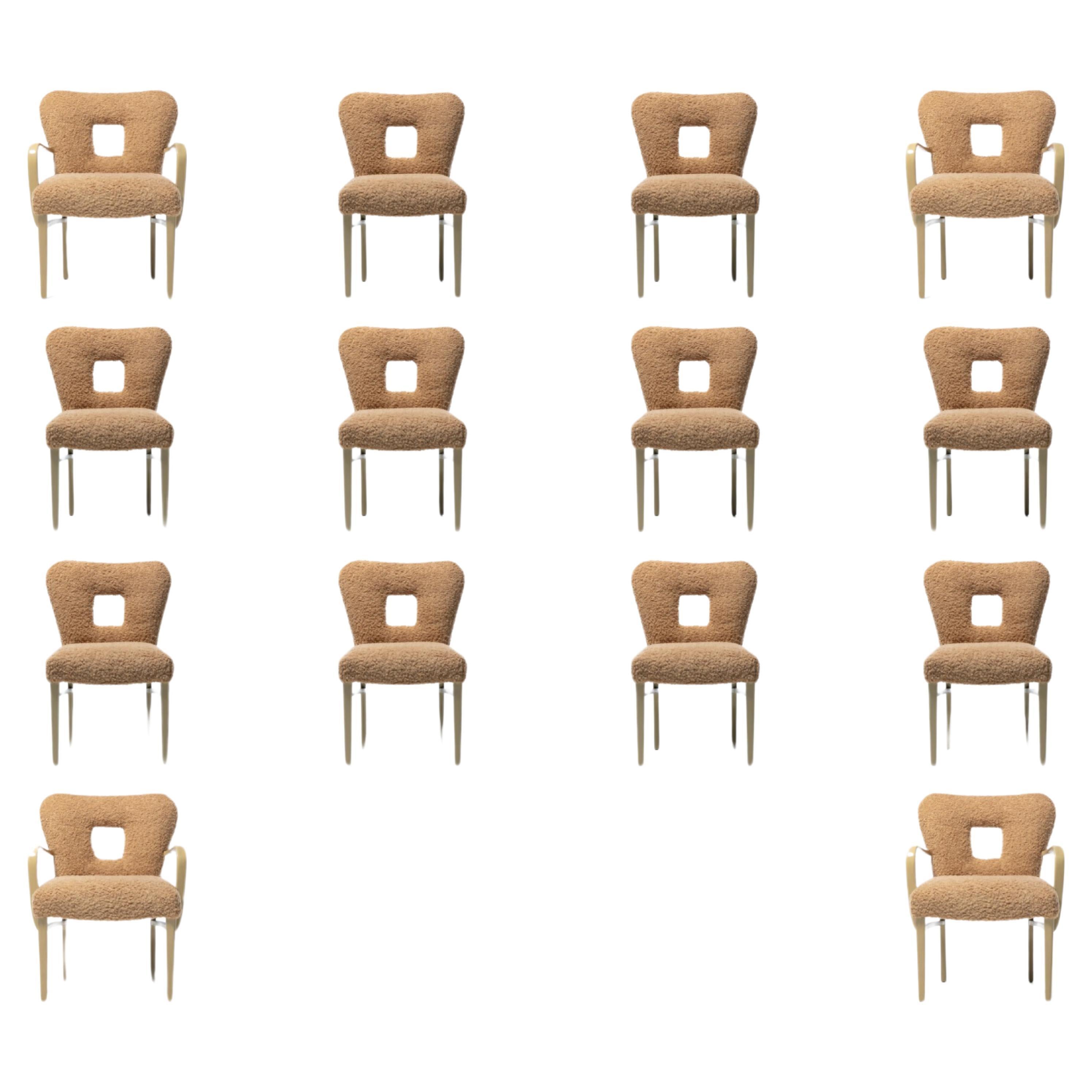 Paul Frankl Set of 14 Dining Chairs in Bleached Mahogany & Latte Bouclé c. 1950