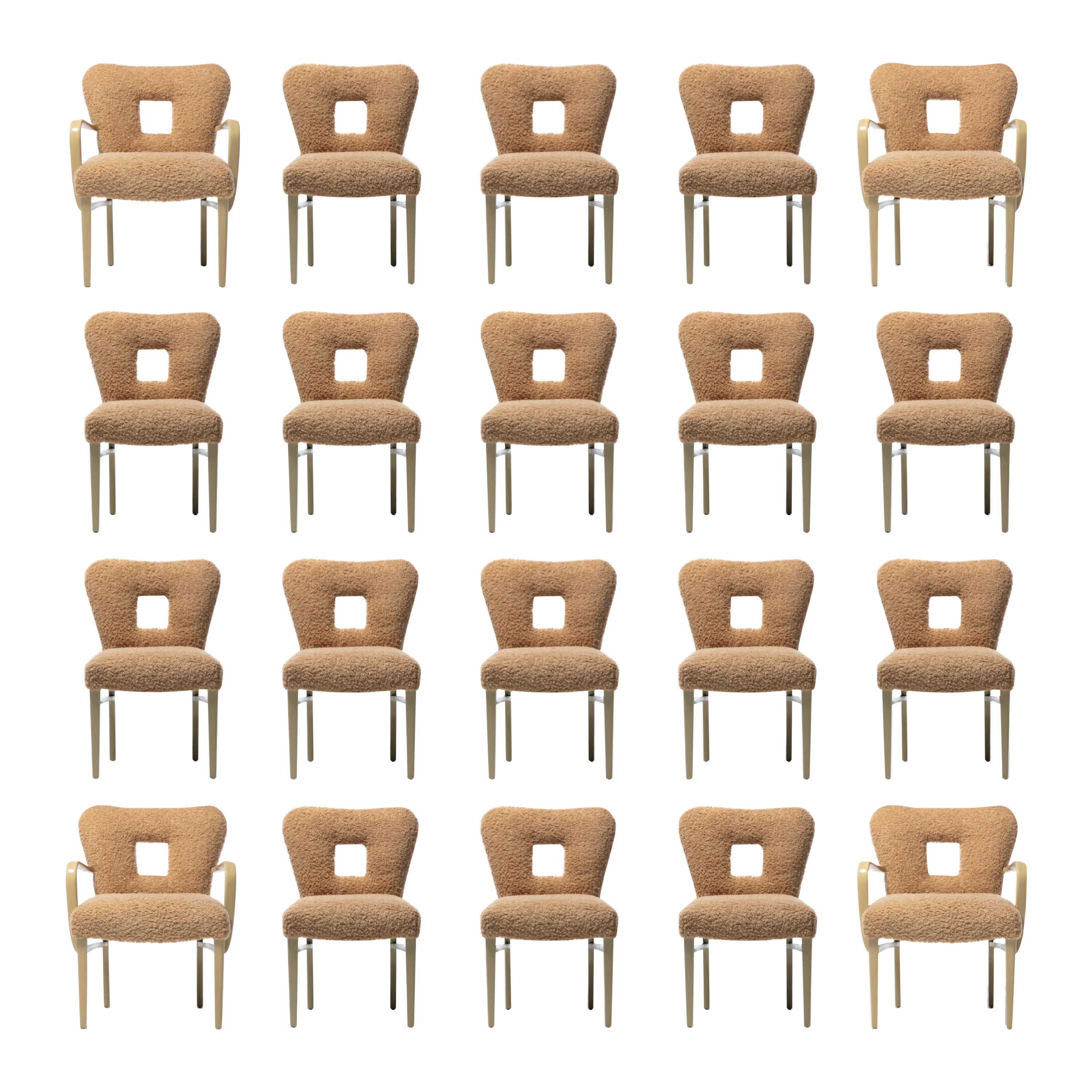 Paul Frankl Set of 20 Dining Chairs in Bleached Mahogany & Latte Bouclé c.C. 1950