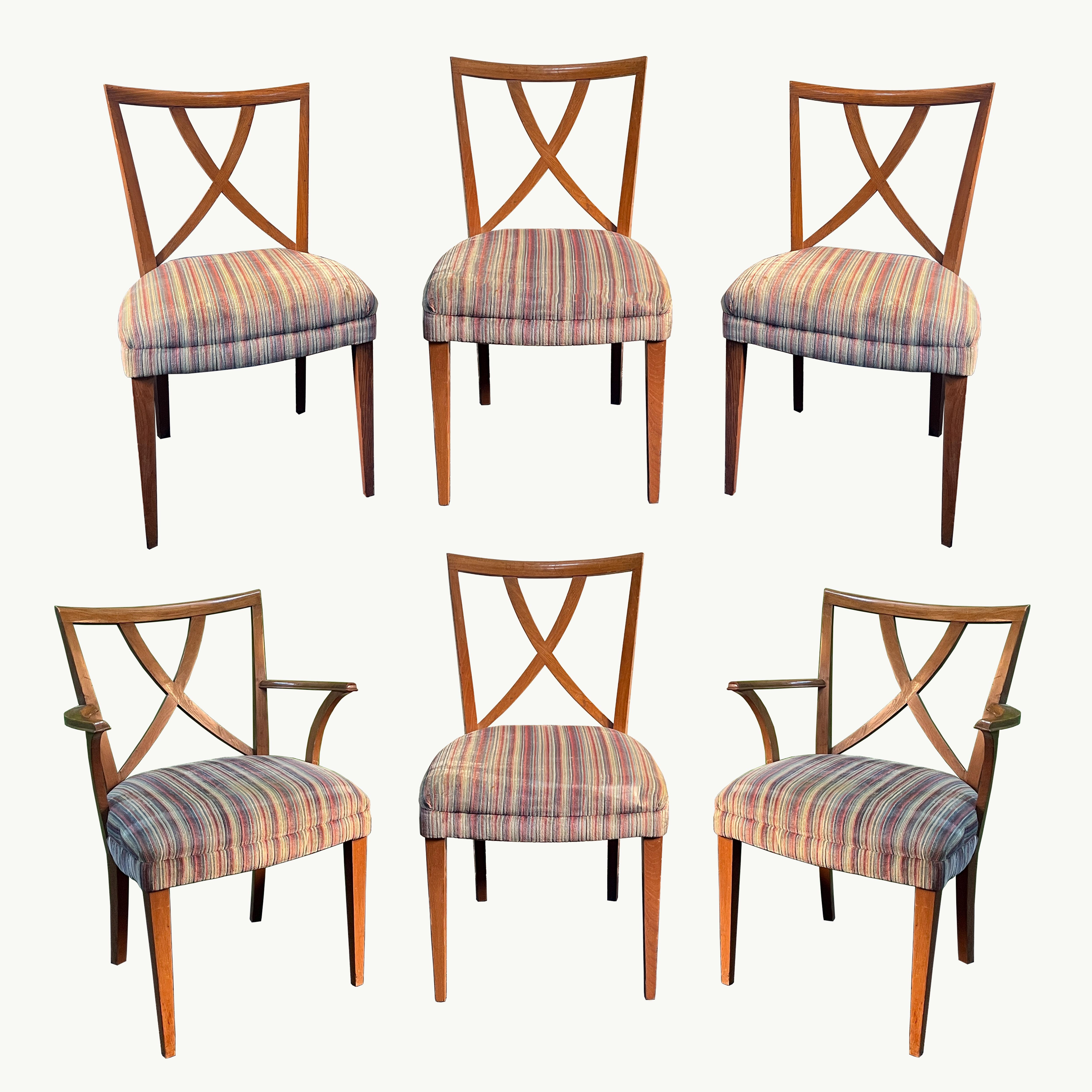 A beautiful set of 6 upholstered Paul Frankl X-Back dining chairs with oak frames 1950s. This set includes 2 captain’s chairs and 4 side chairs. 