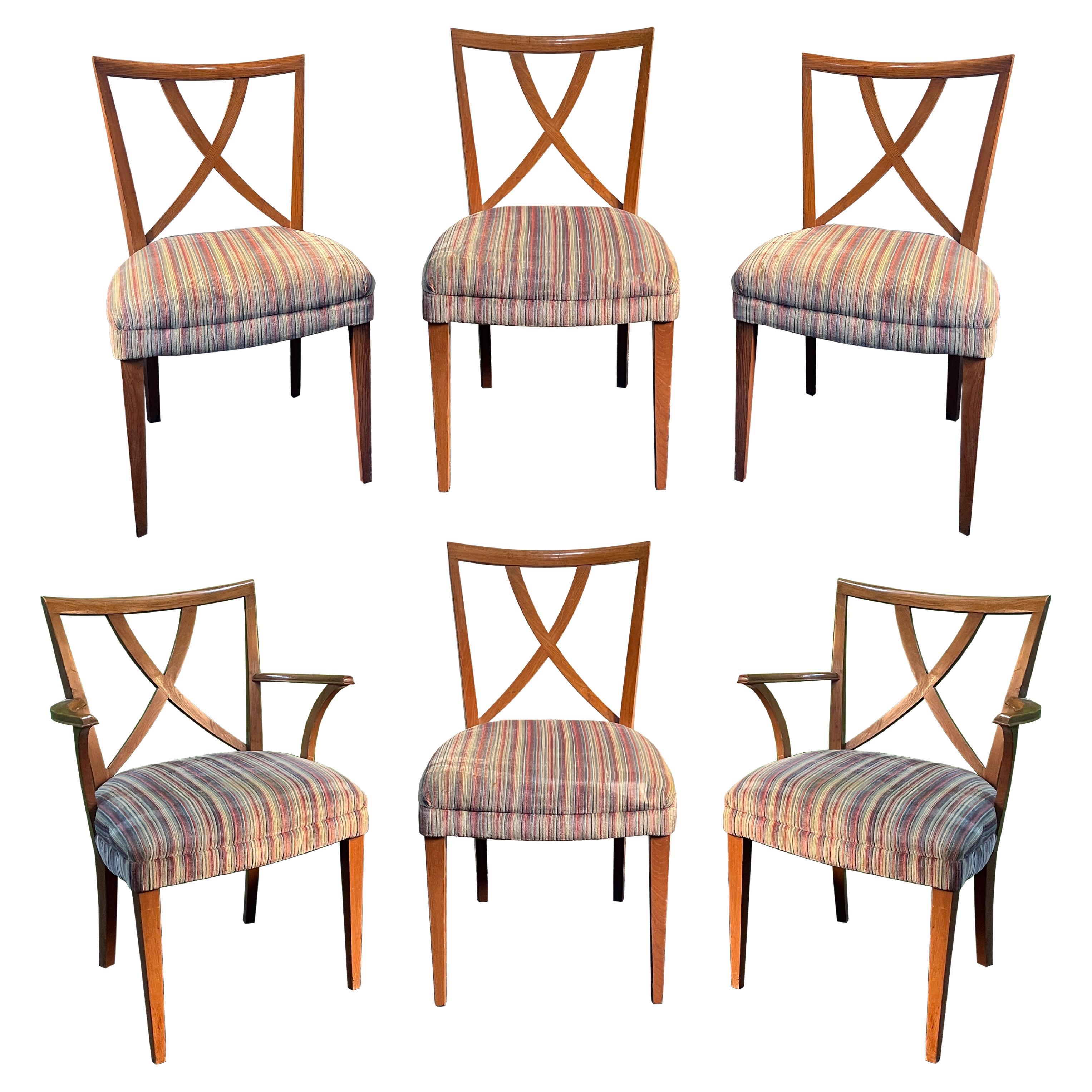 Paul Frankl Ensemble de 6 chaises de salle à manger en Oak Oak à dossier en X 1950s en vente