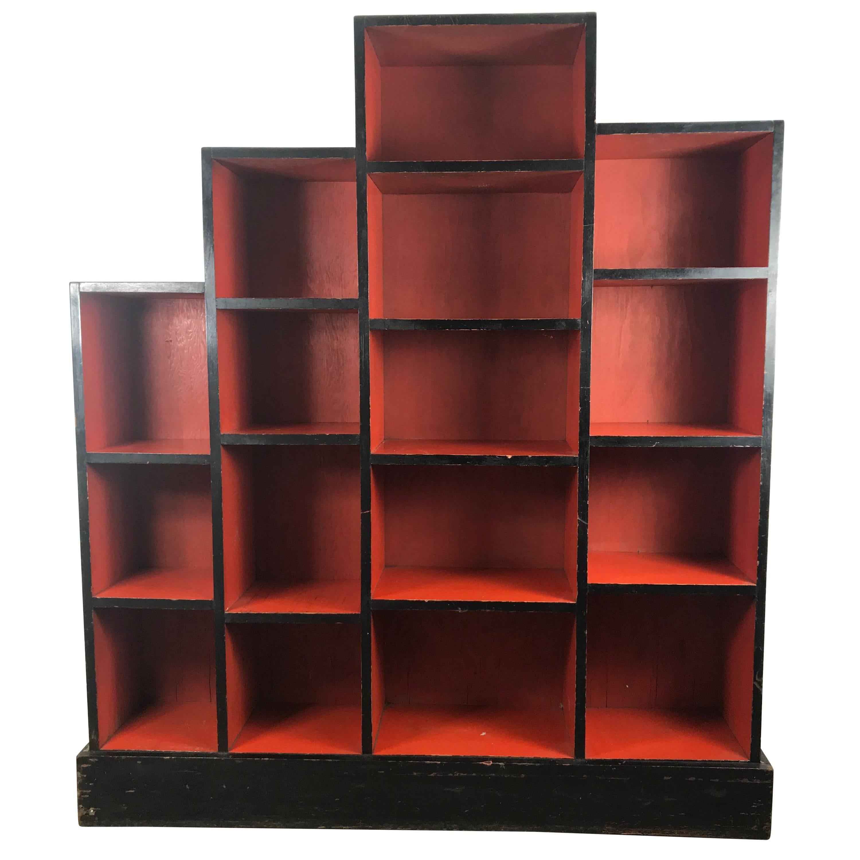 Paul Frankl Skyscraper Art Deco Bookcase Red And Black For Sale