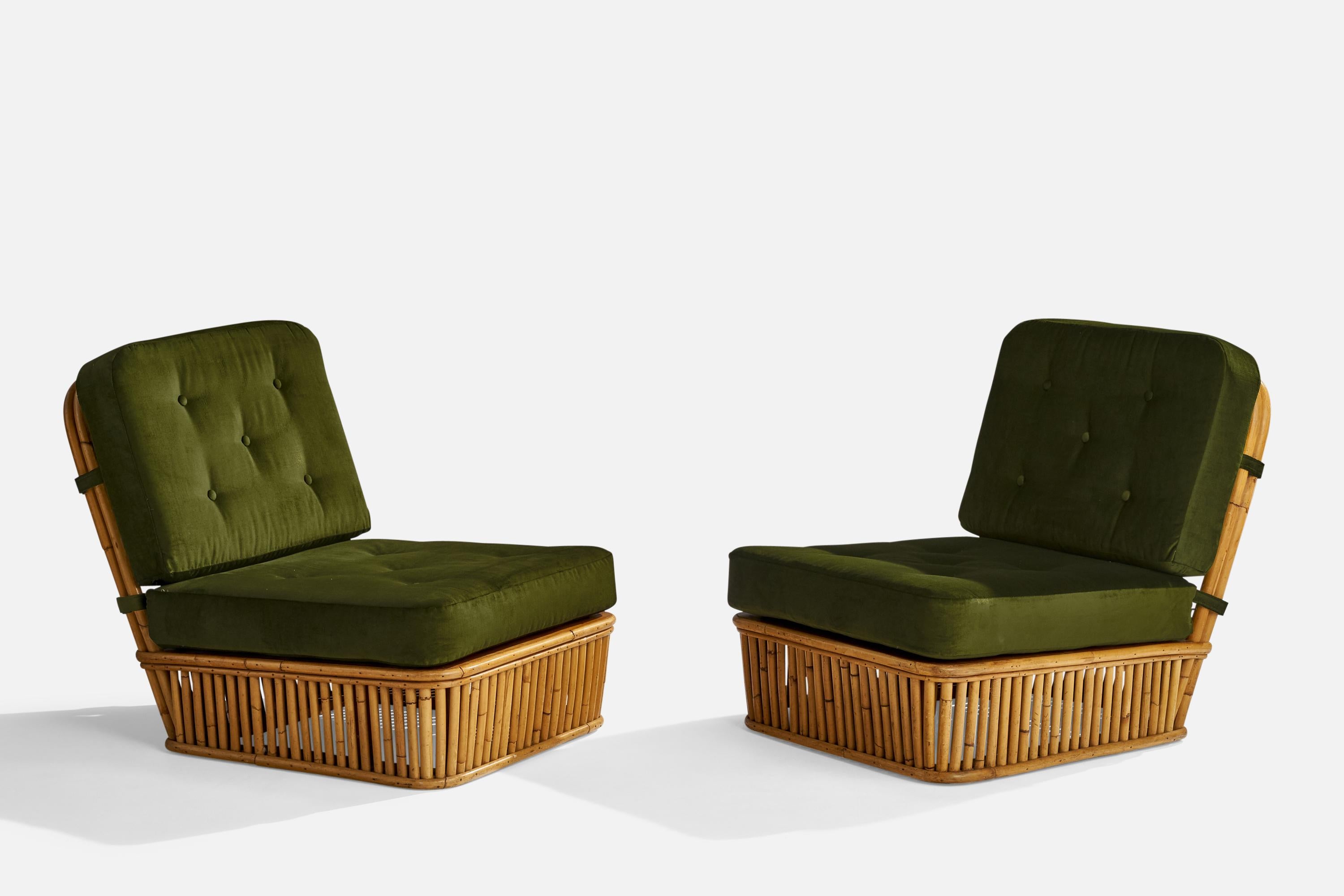 A pair of green velvet and bamboo slipper chairs designed by Paul Frankl and produced by Ficks Reed, USA, 1952.

Seat height 14.25