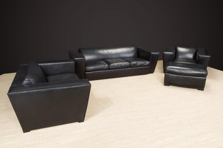 American Paul Frankl 'Speed' Art Deco Living Room Suite in Black Leather, circa 1930s  For Sale
