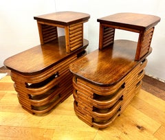 Paul Frankl Stacked Rattan Bamboo Side Tables Nightstand, a Pair