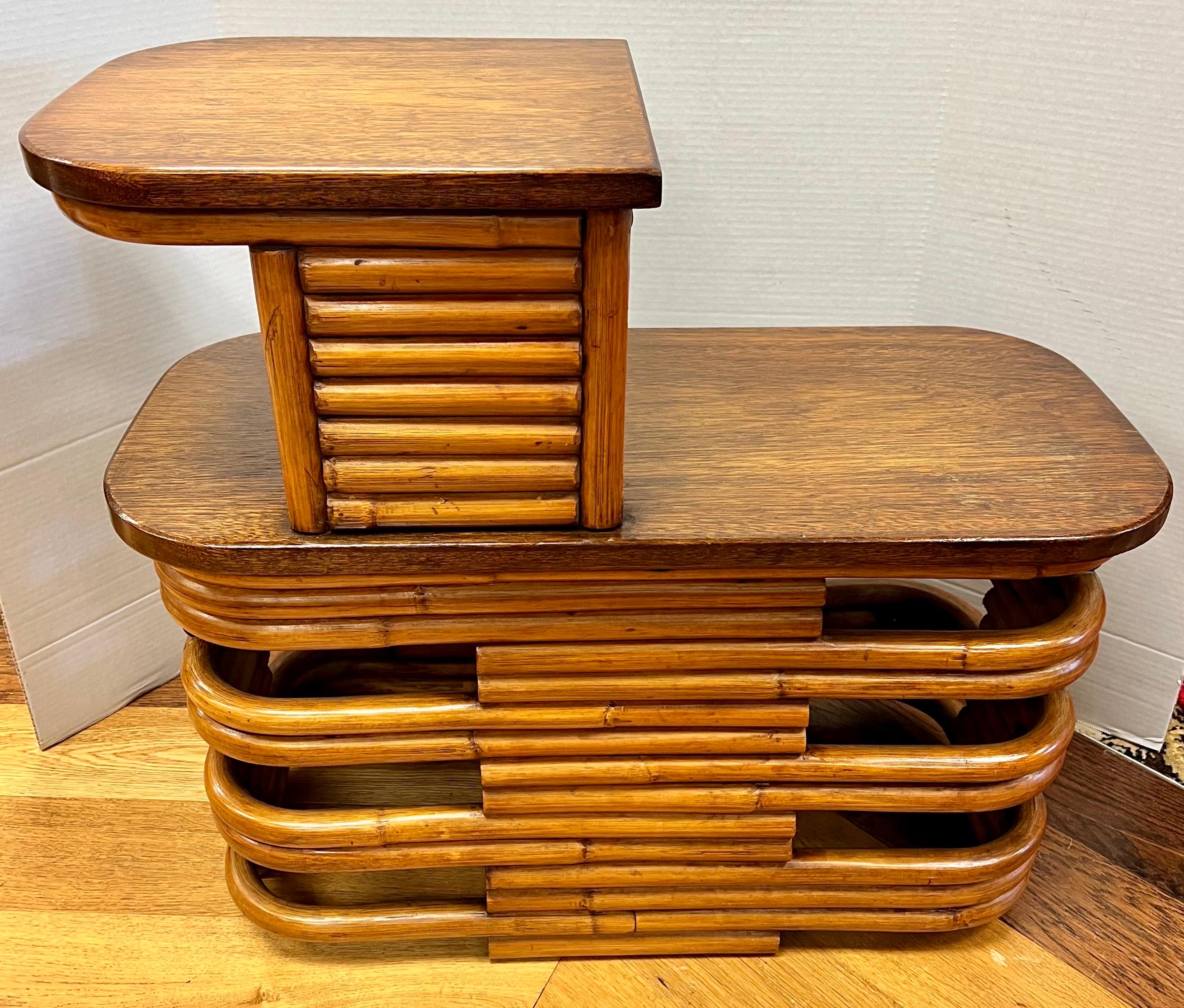 Paul Frankl Stacked Rattan Bamboo Side Tables Nightstand, a Pair In Good Condition In West Hartford, CT