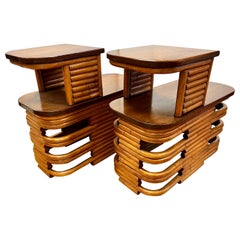 Paul Frankl Stacked Rattan Bamboo Side Tables Nightstand, a Pair