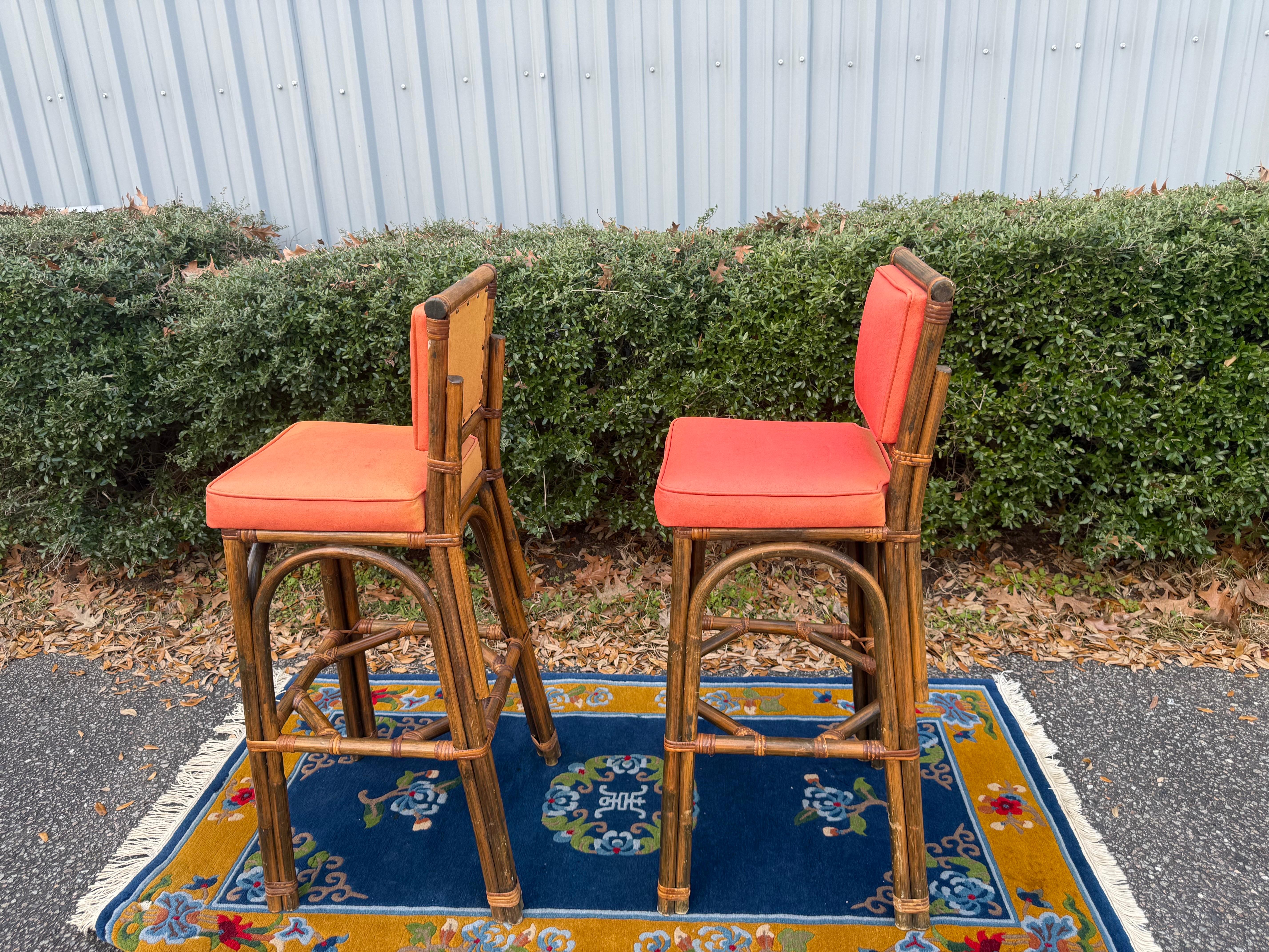 Faux Leather Paul Frankl Style Bamboo Barstools - a Pair For Sale