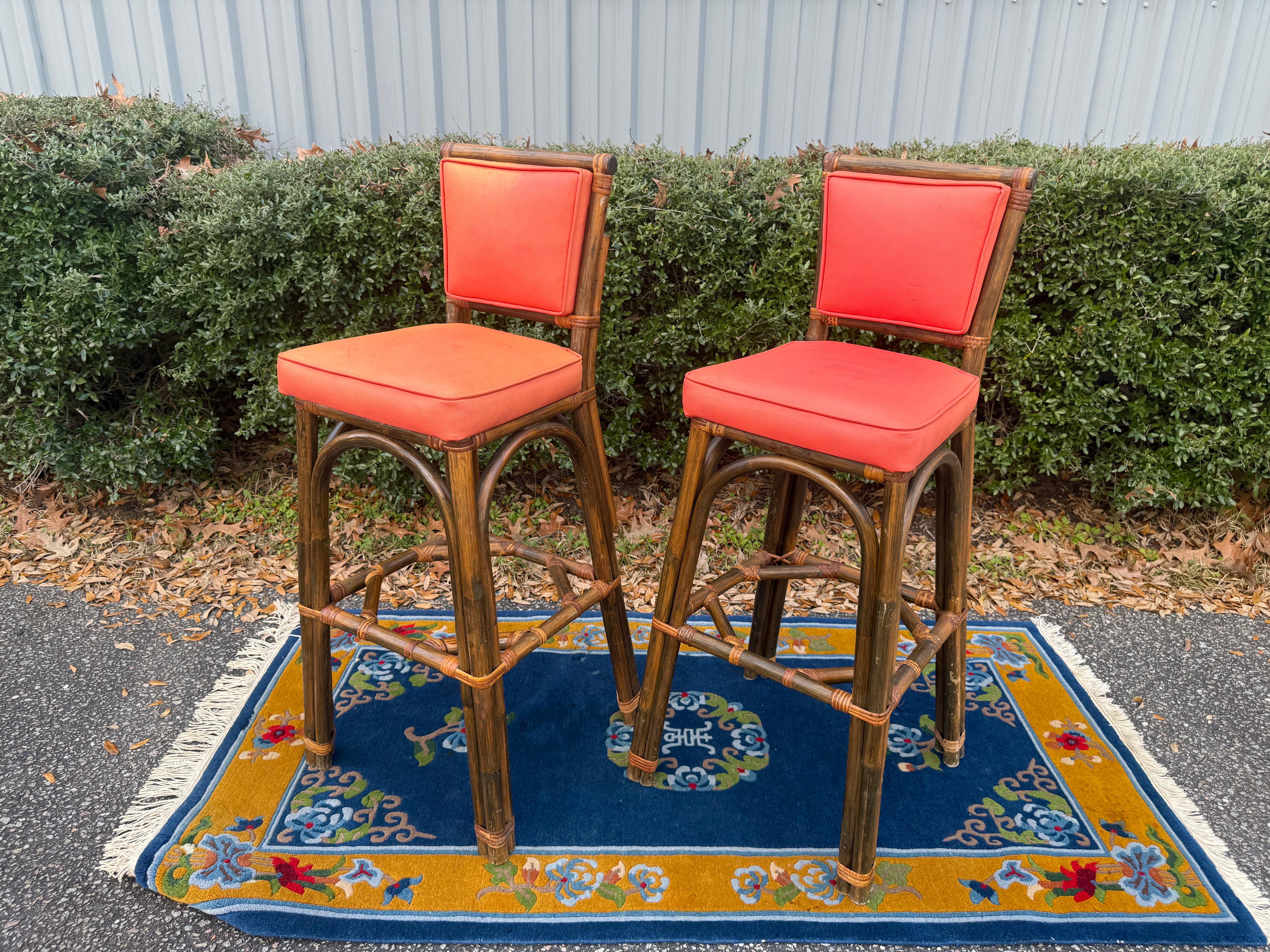 Paul Frankl Style Bamboo Barstools - a Pair For Sale 1
