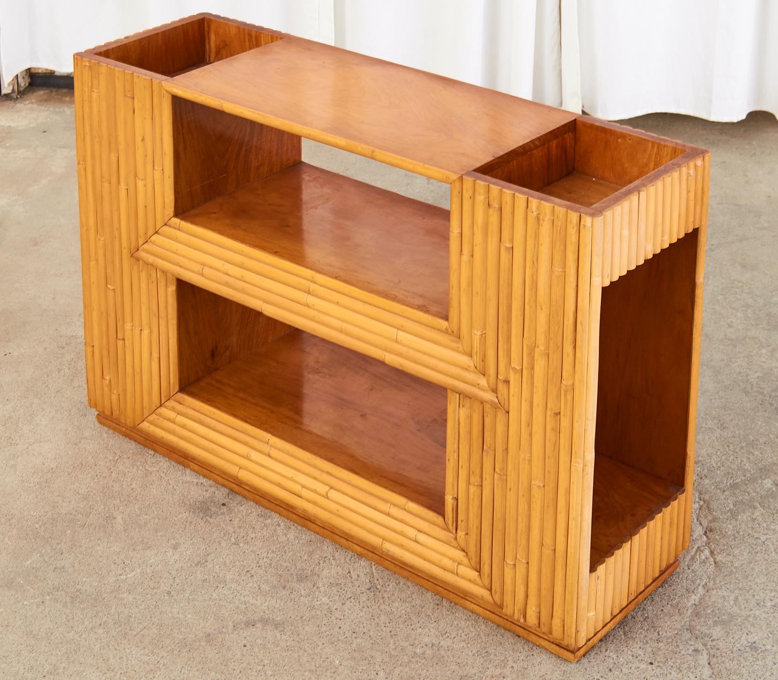 Mid-Century Modern Paul Frankl Style Bamboo Rattan Three Tier Bookcase Plant Stand