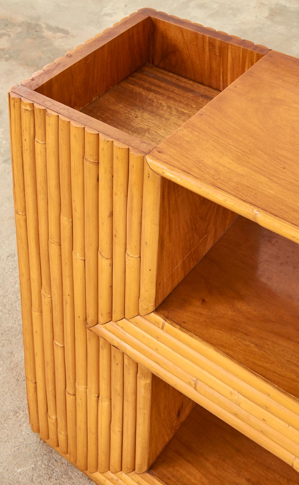 20th Century Paul Frankl Style Bamboo Rattan Three Tier Bookcase Plant Stand