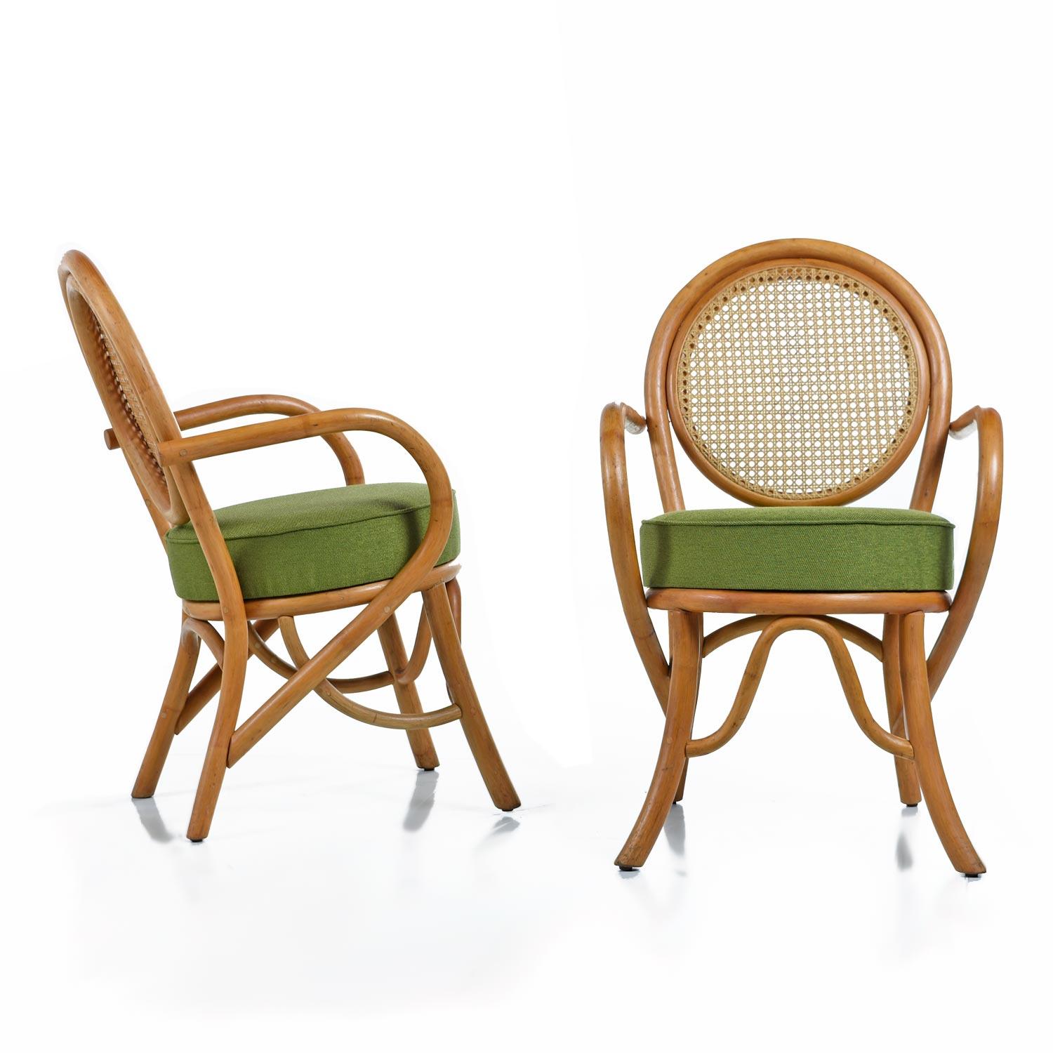 These pretty and practical Paul Frankl style chairs were designed for versatility. Expertly crafted and sculpted rattan. A Classic set of eastern influenced American modern and Art Deco design. Unique styles working in symbiosis.

The seat bottoms