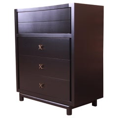 Paul Frankl Style Mid-Century Modern Black Lacquered Highboy Dresser, Refinished
