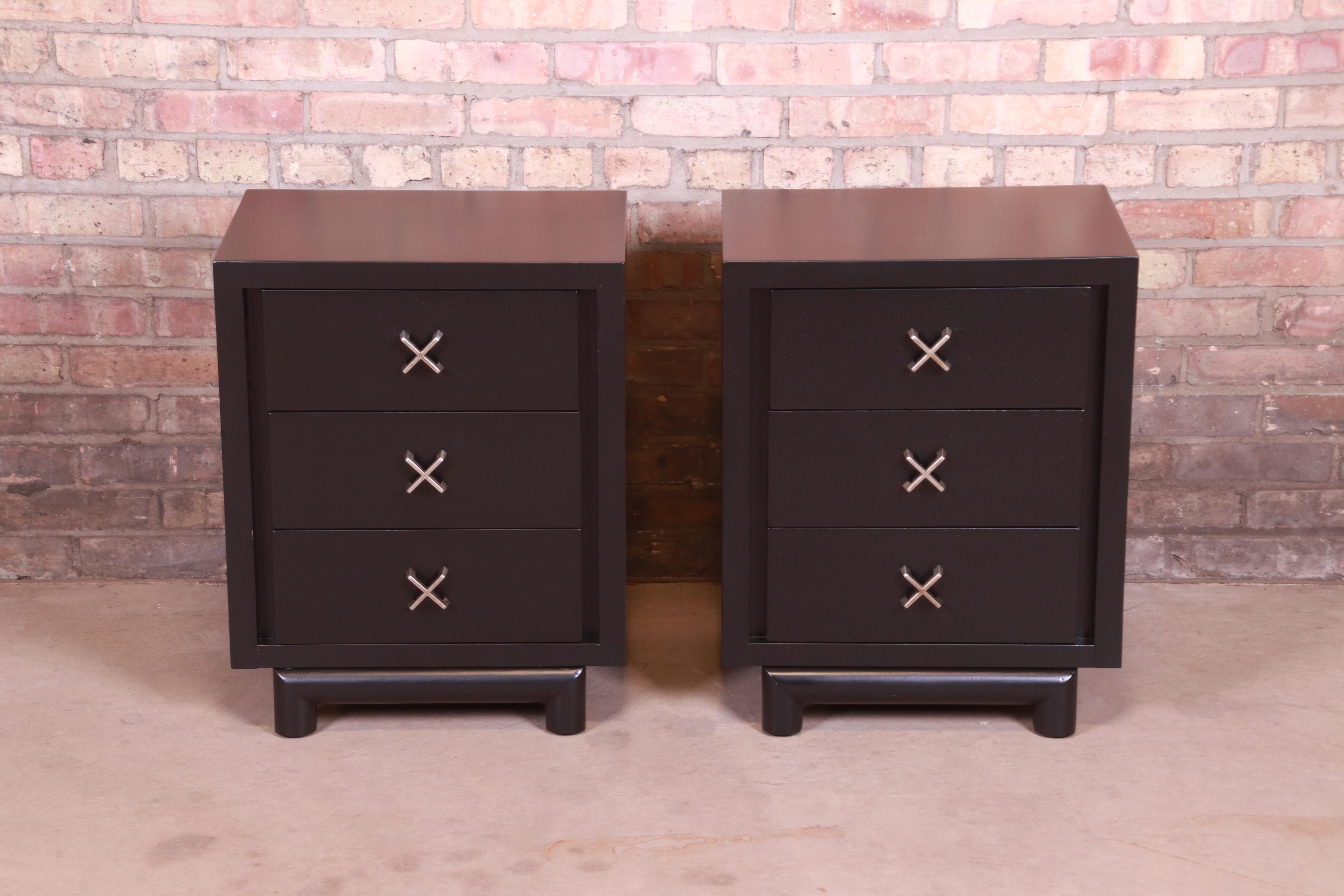 American Paul Frankl Style Mid-Century Modern Black Lacquered Nightstands, Pair