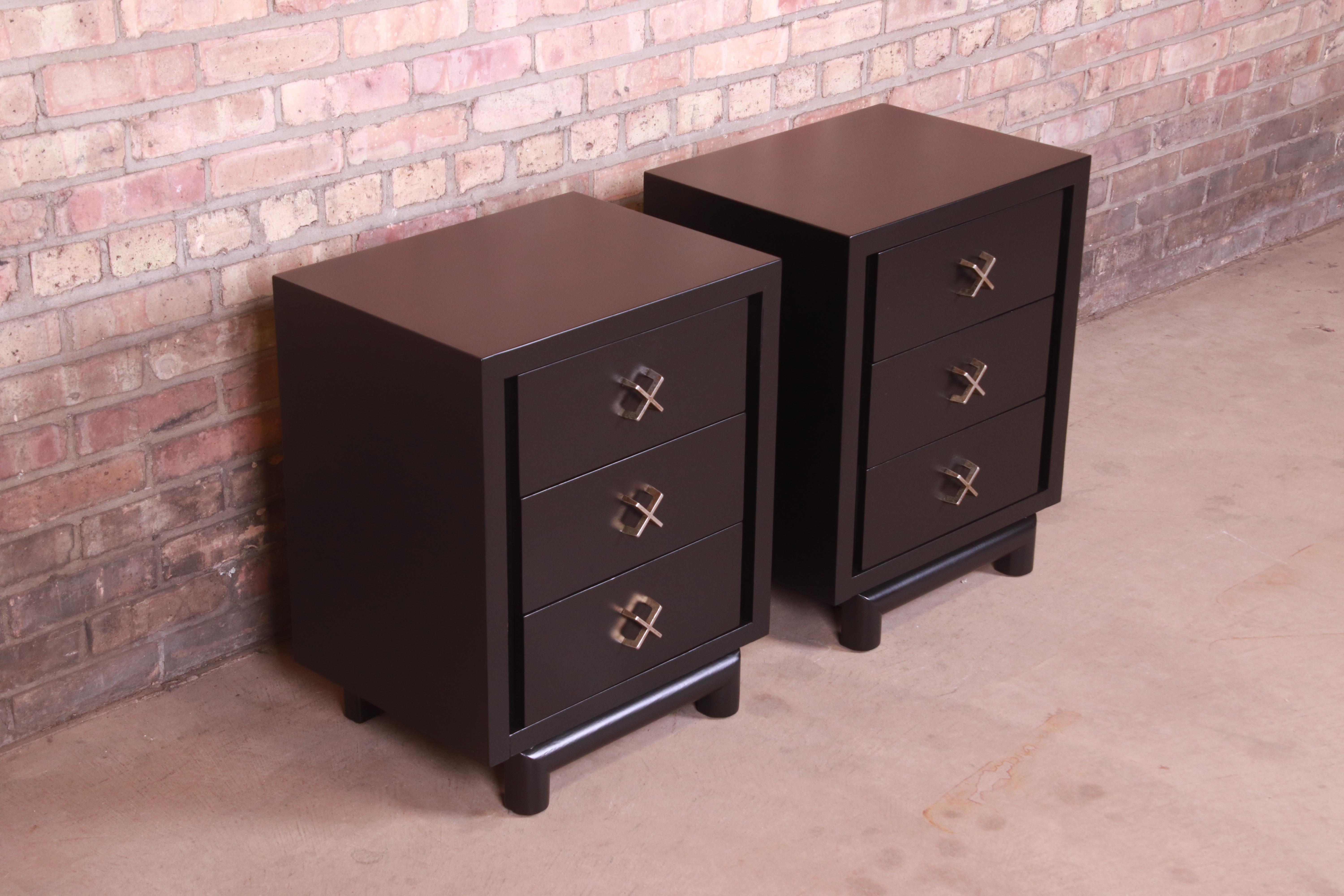 Mid-20th Century Paul Frankl Style Mid-Century Modern Black Lacquered Nightstands, Pair
