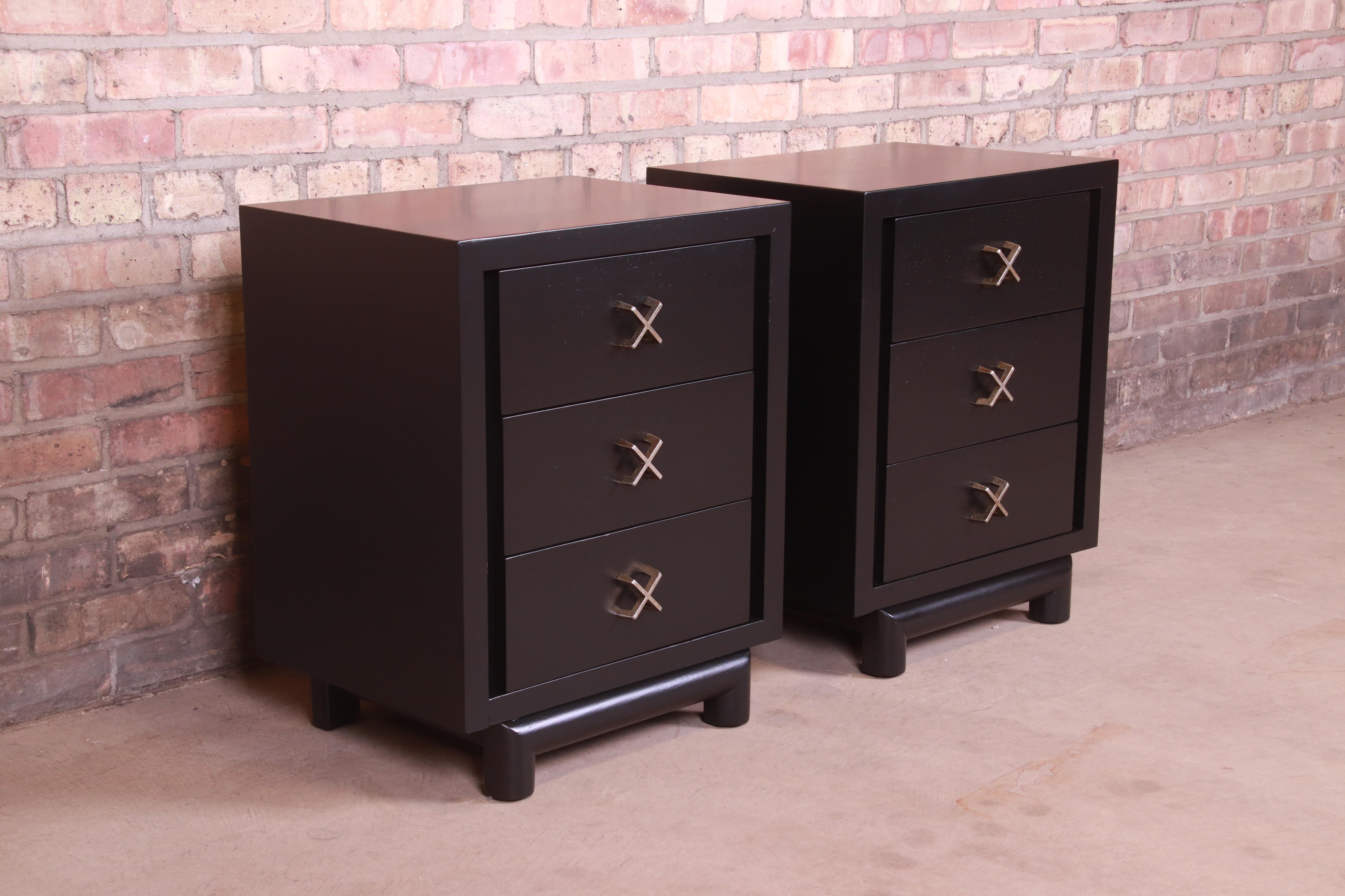 Walnut Paul Frankl Style Mid-Century Modern Black Lacquered Nightstands, Pair