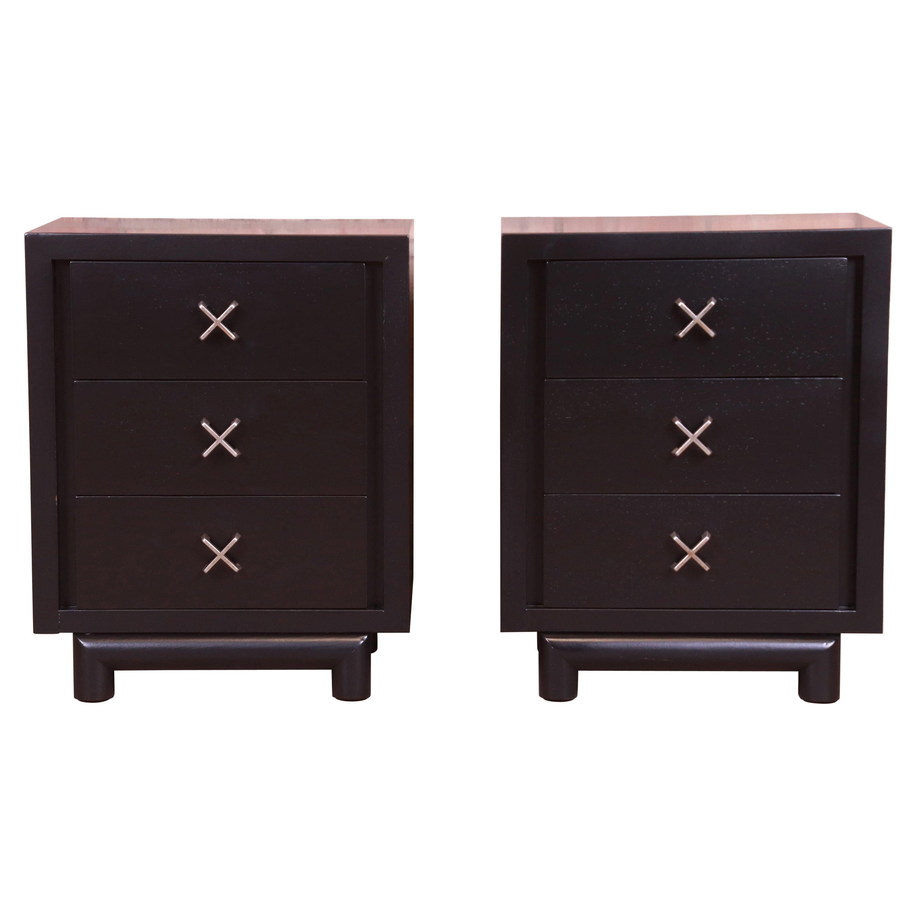 Paul Frankl Style Mid-Century Modern Black Lacquered Nightstands, Pair