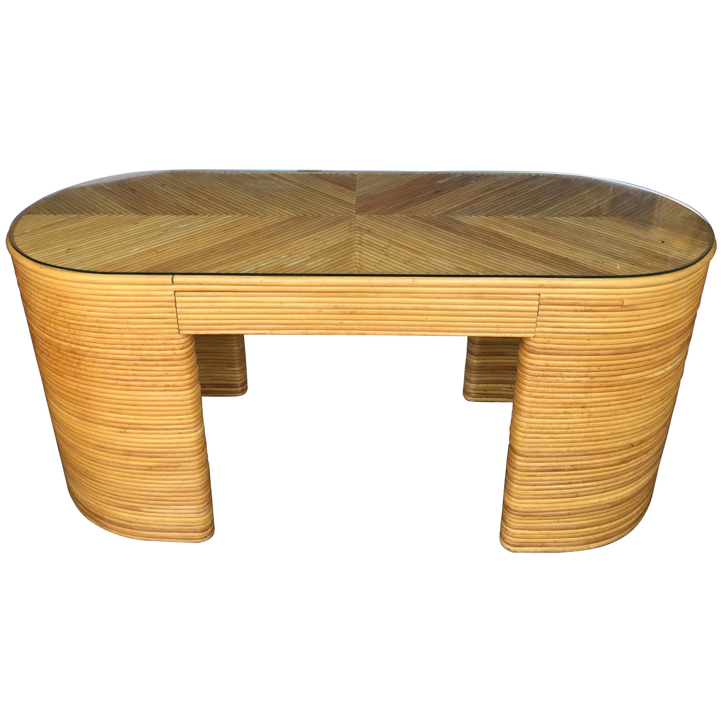 Paul Frankl Style Mid-Century Modern Sculptural Oval Reed Bamboo Desk Console
