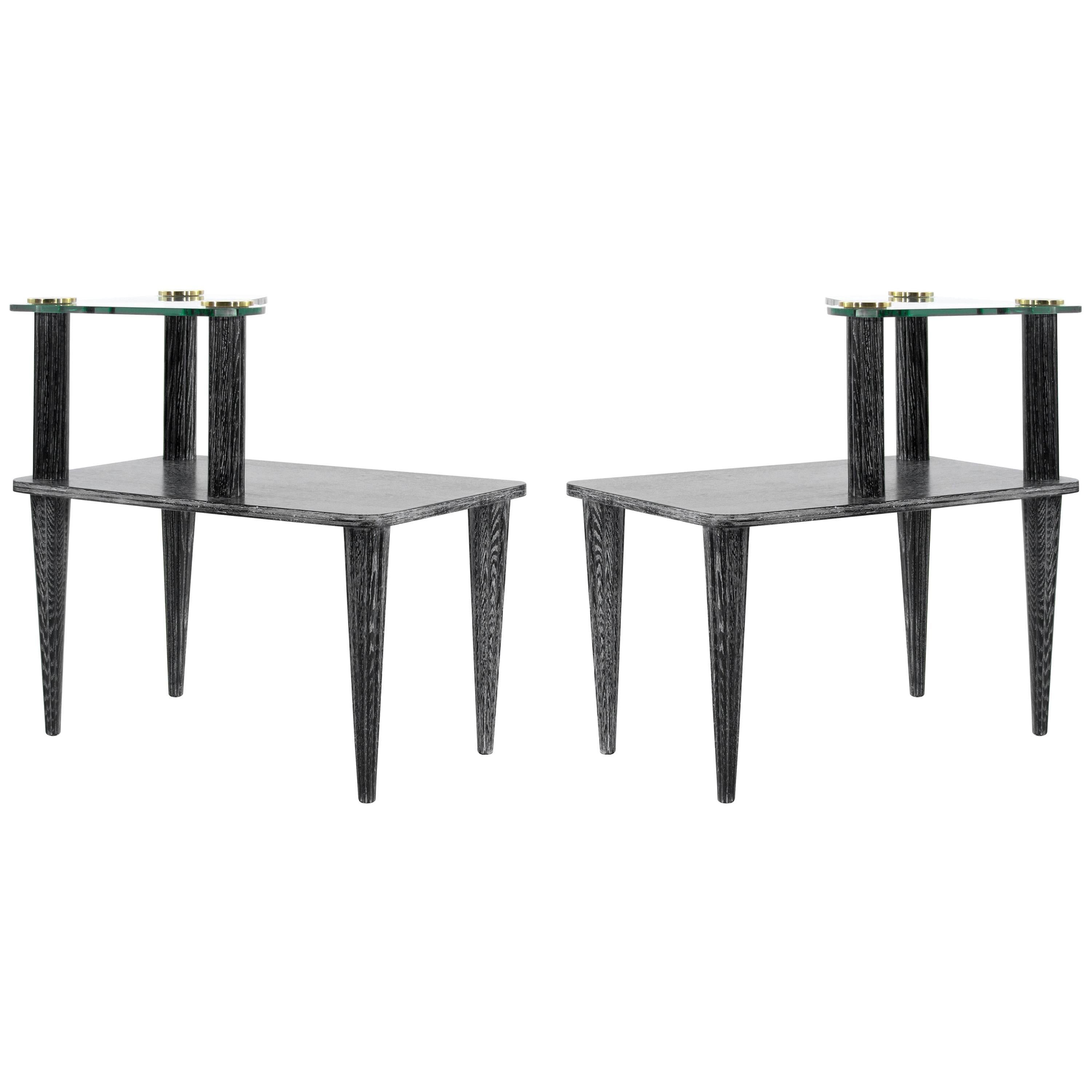 Paul Frankl Style Oak End Tables in Black Ceruse, 1950s